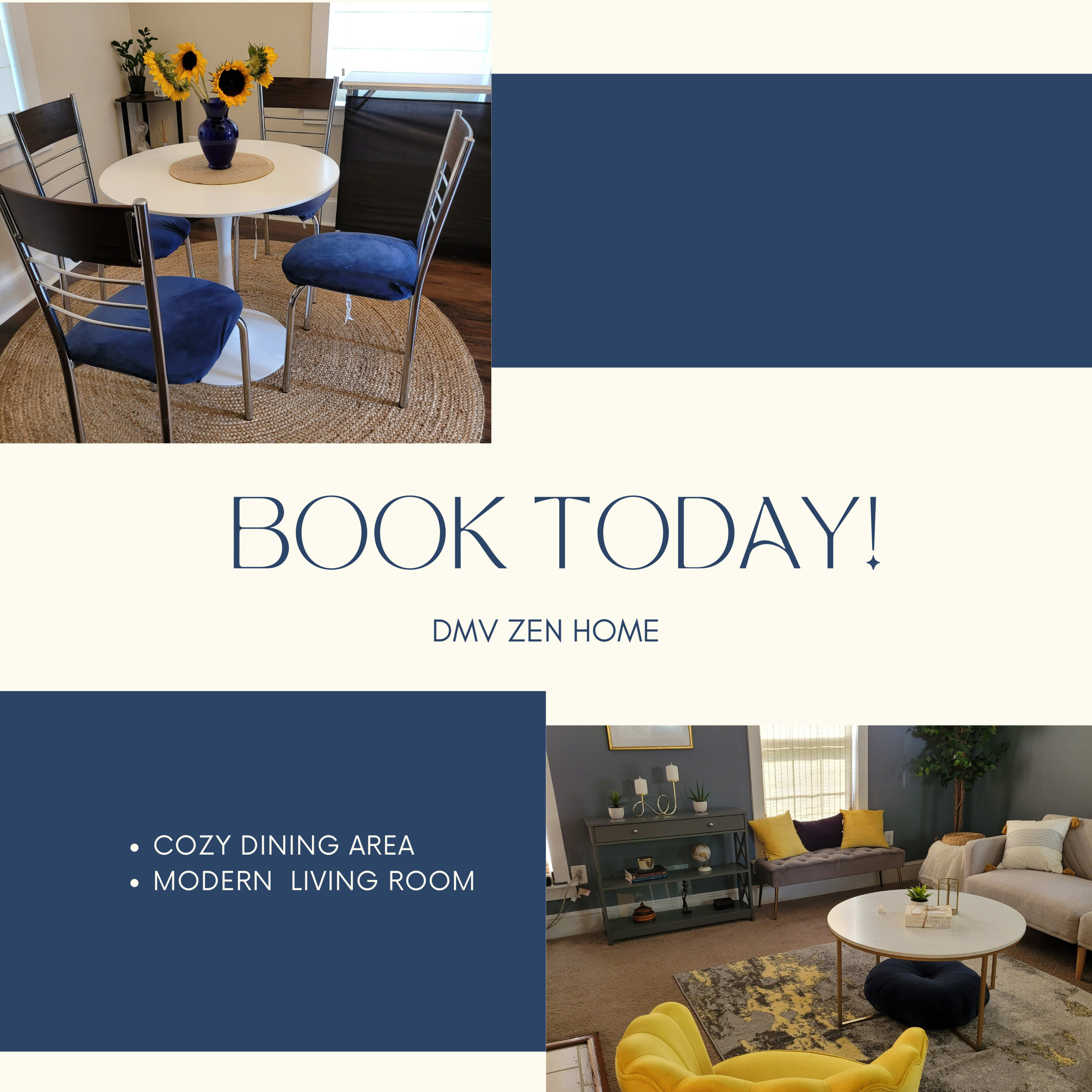 The image showcases a cozy dining area with a round table and chairs, alongside a modern living room featuring a coffee table and decorative accents.