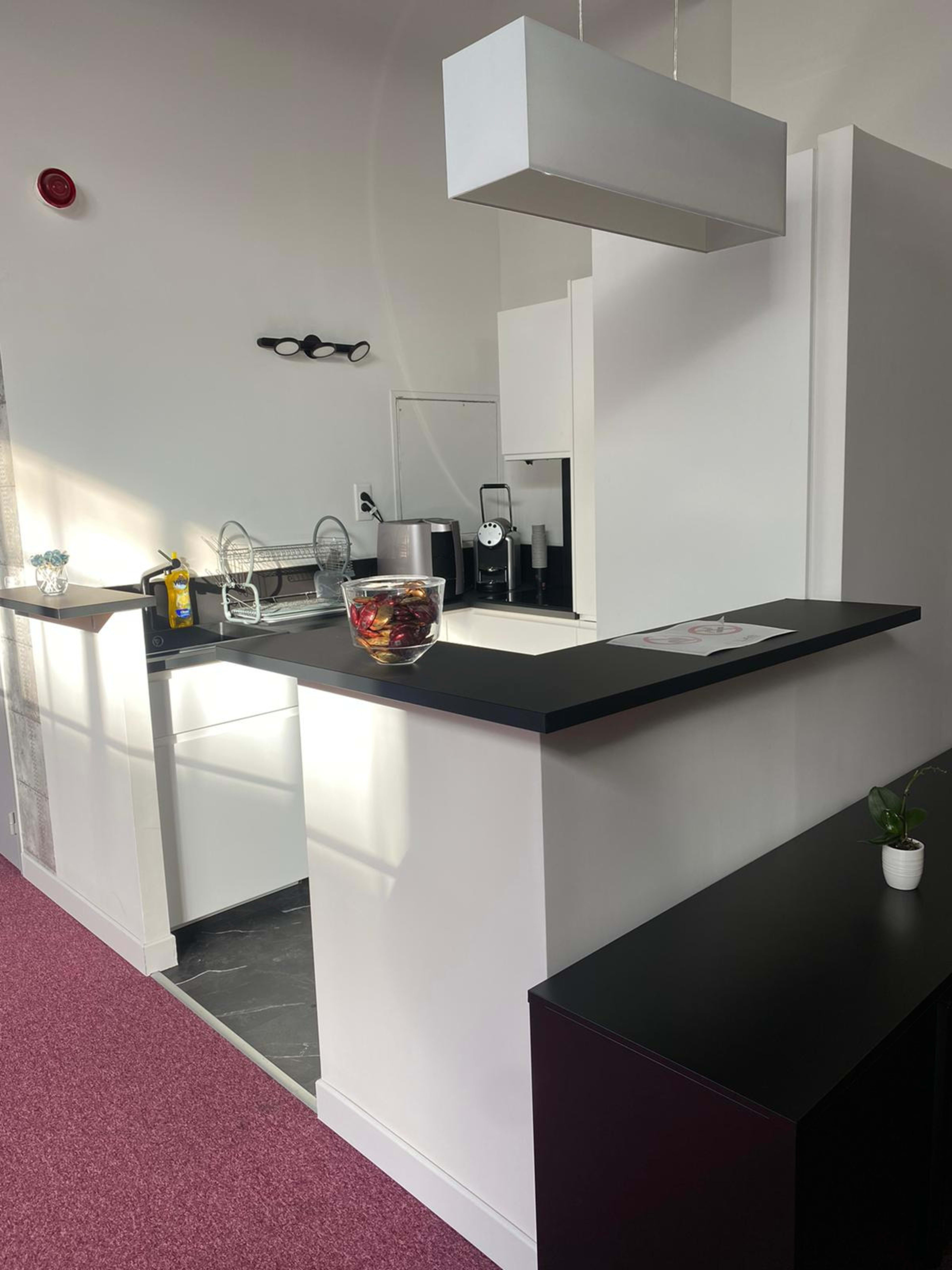 The image shows a modern kitchen space with a black countertop, white cabinetry, and a small bowl of fruits on the counter.