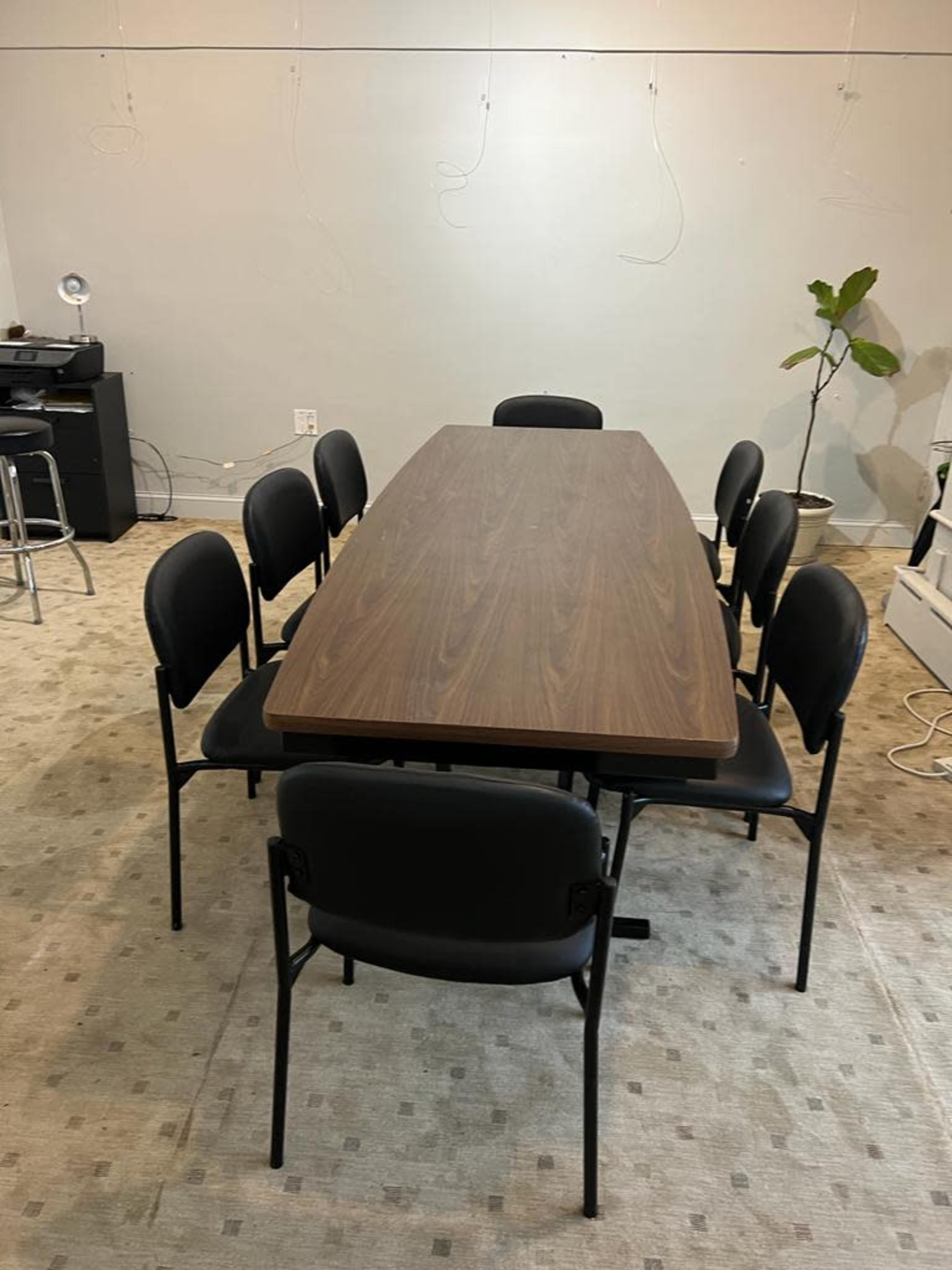 A long wooden table surrounded by eight black chairs is positioned in a room with a light-colored carpet and a small plant in a corner.