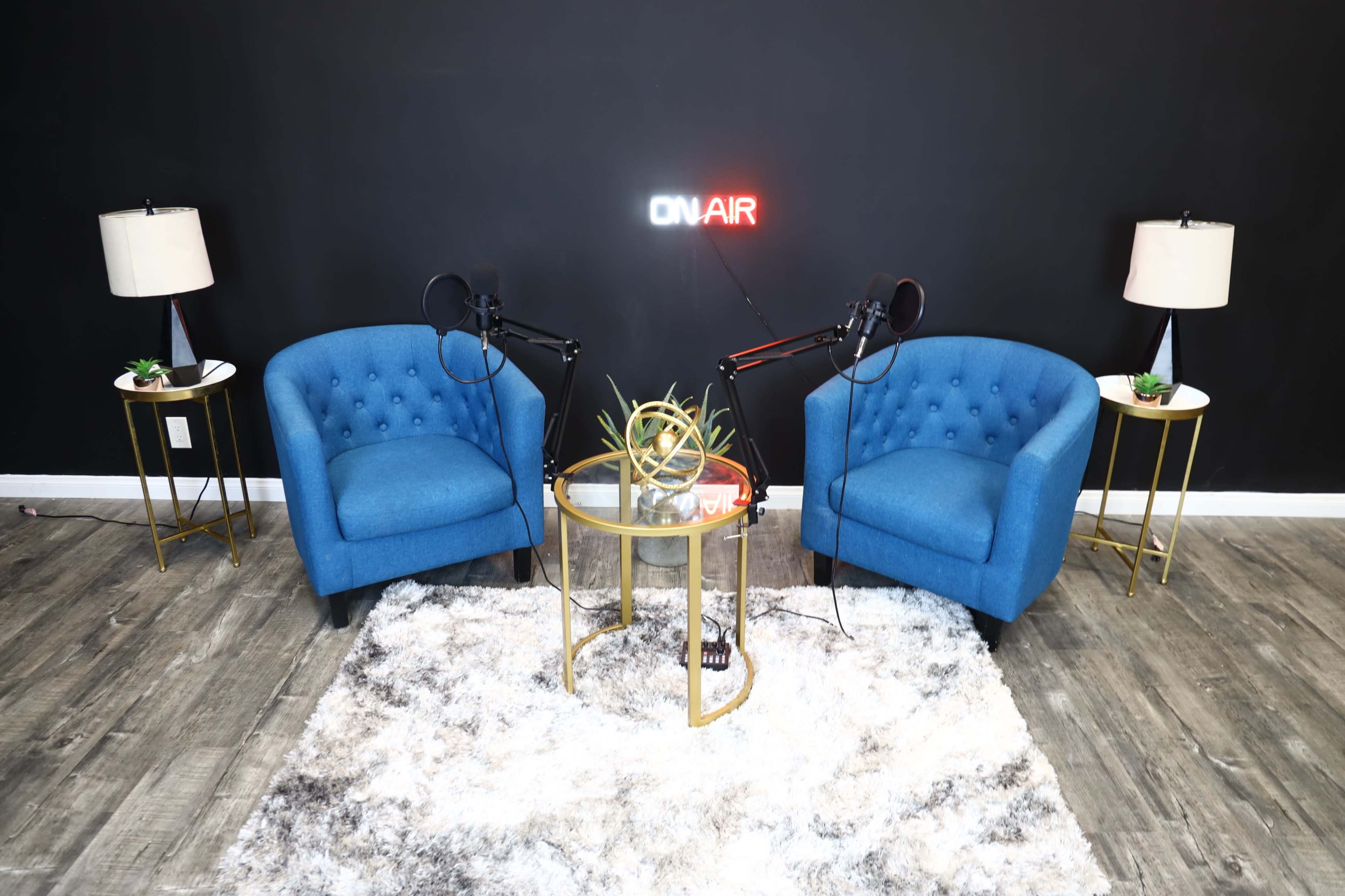 The image features two blue armchairs positioned around a glass coffee table, with a decorative plant and two lamps on side tables, all set against a black wall with an illuminated "ON AIR" sign.