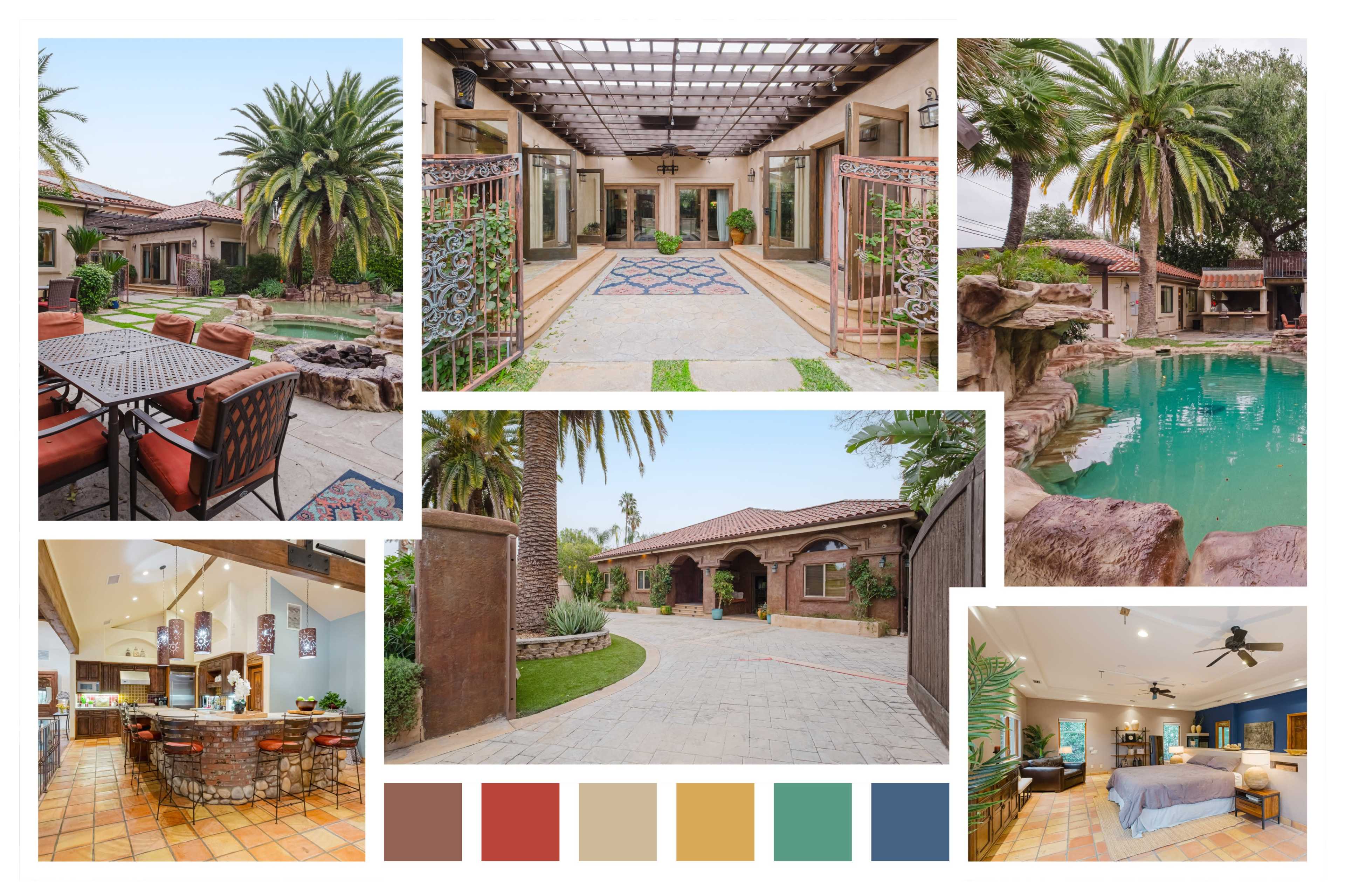 A luxury home surrounded by palm trees, showcasing a pool area, outdoor dining space, and various interior and exterior views of the property.