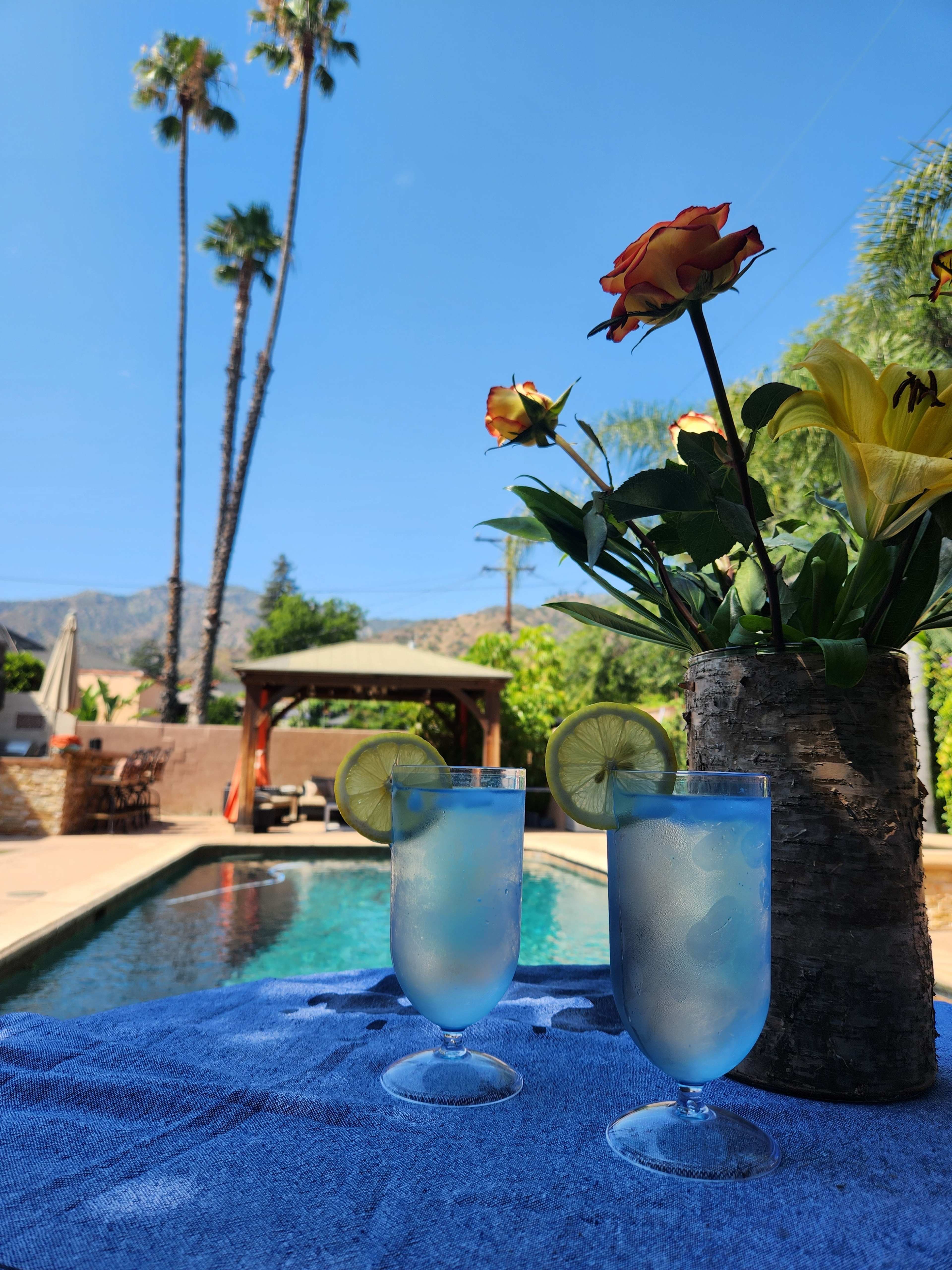 Two cocktails with lime slices sit on a blue towel beside a pool, with palm trees and a flower arrangement in the background.