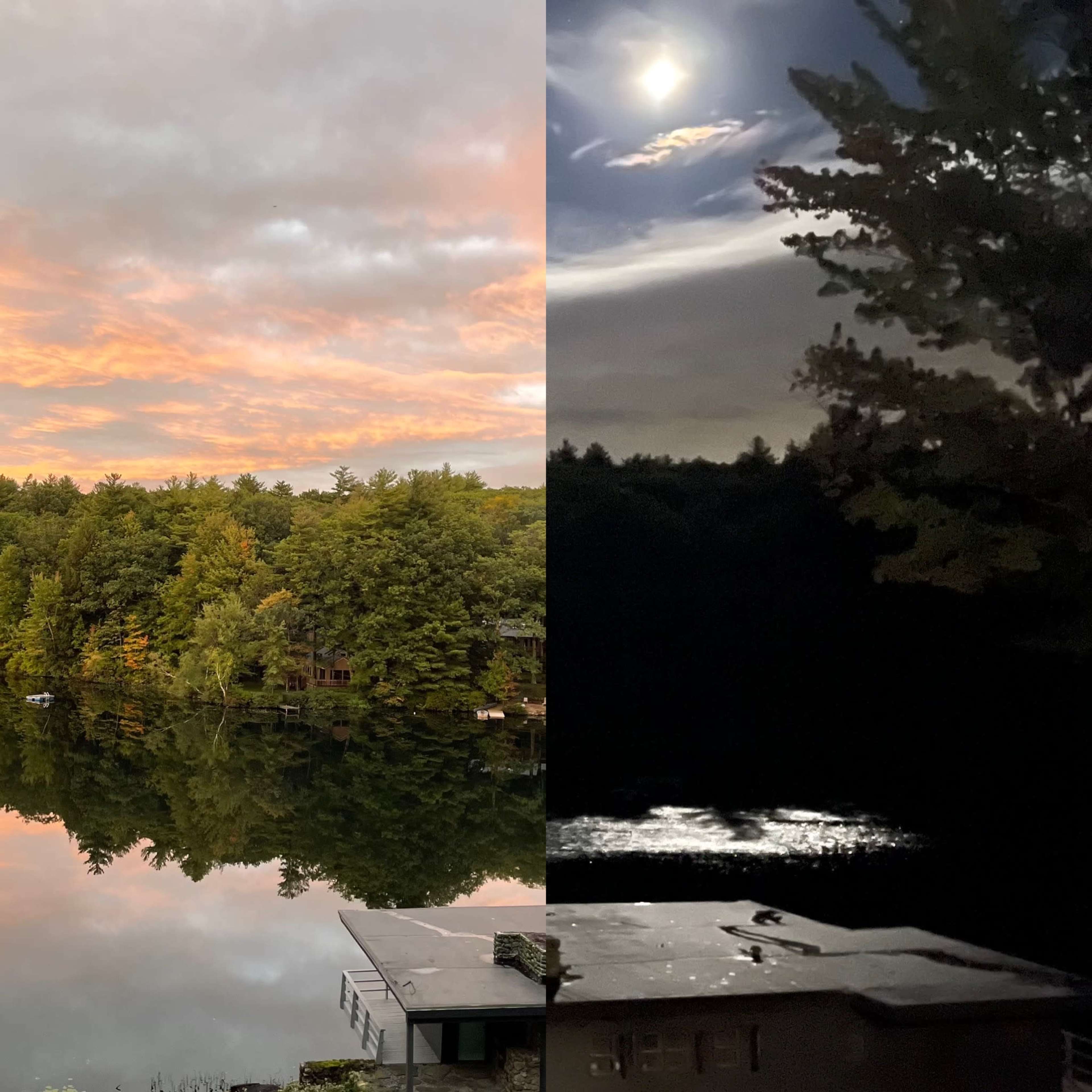 A split scene with a brightly lit sky and vibrant trees reflecting on a calm lake on one side, and a darkened landscape with moonlight glistening on the water on the other.