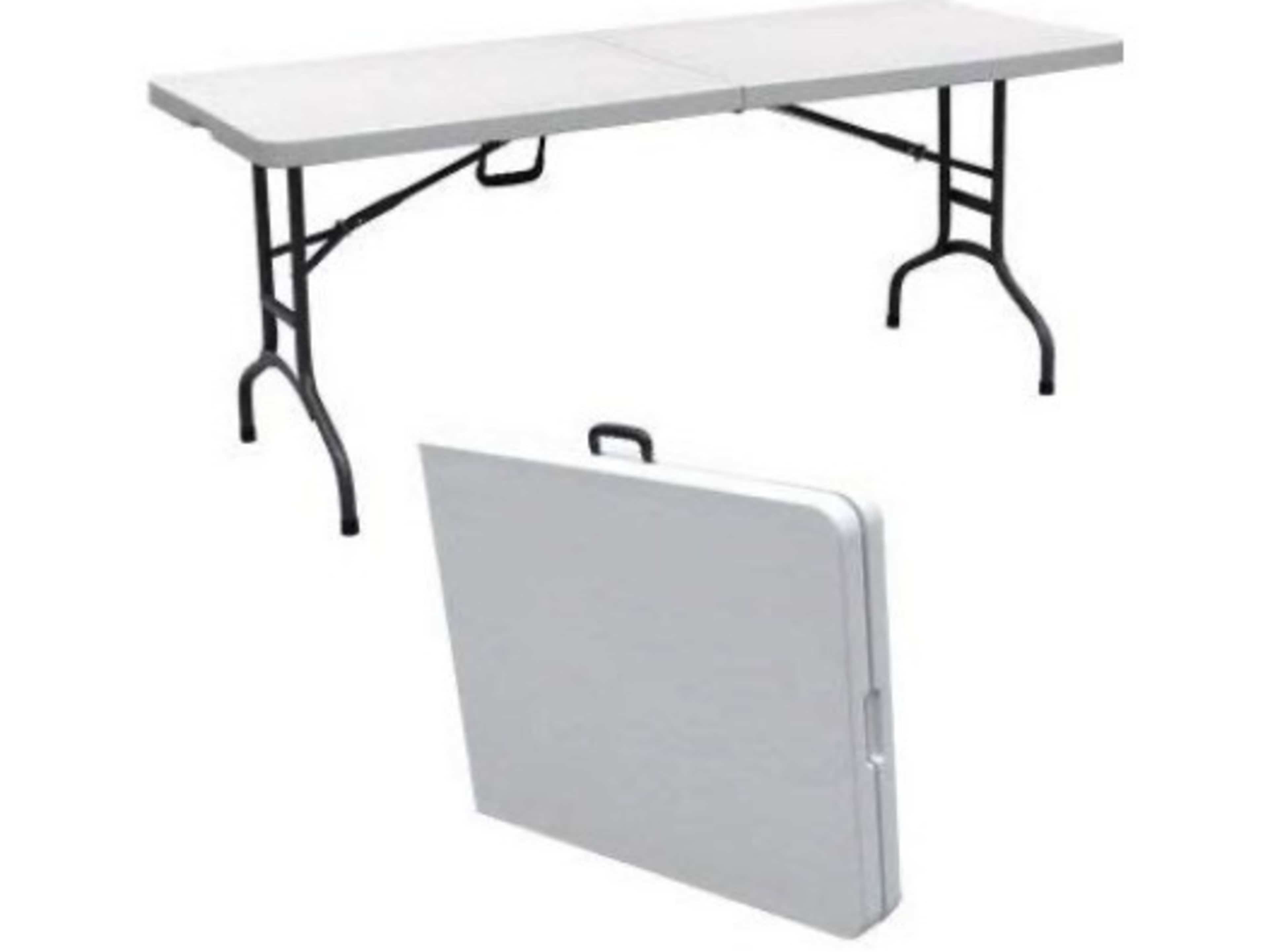 White 6' folding table and black 6' folding table