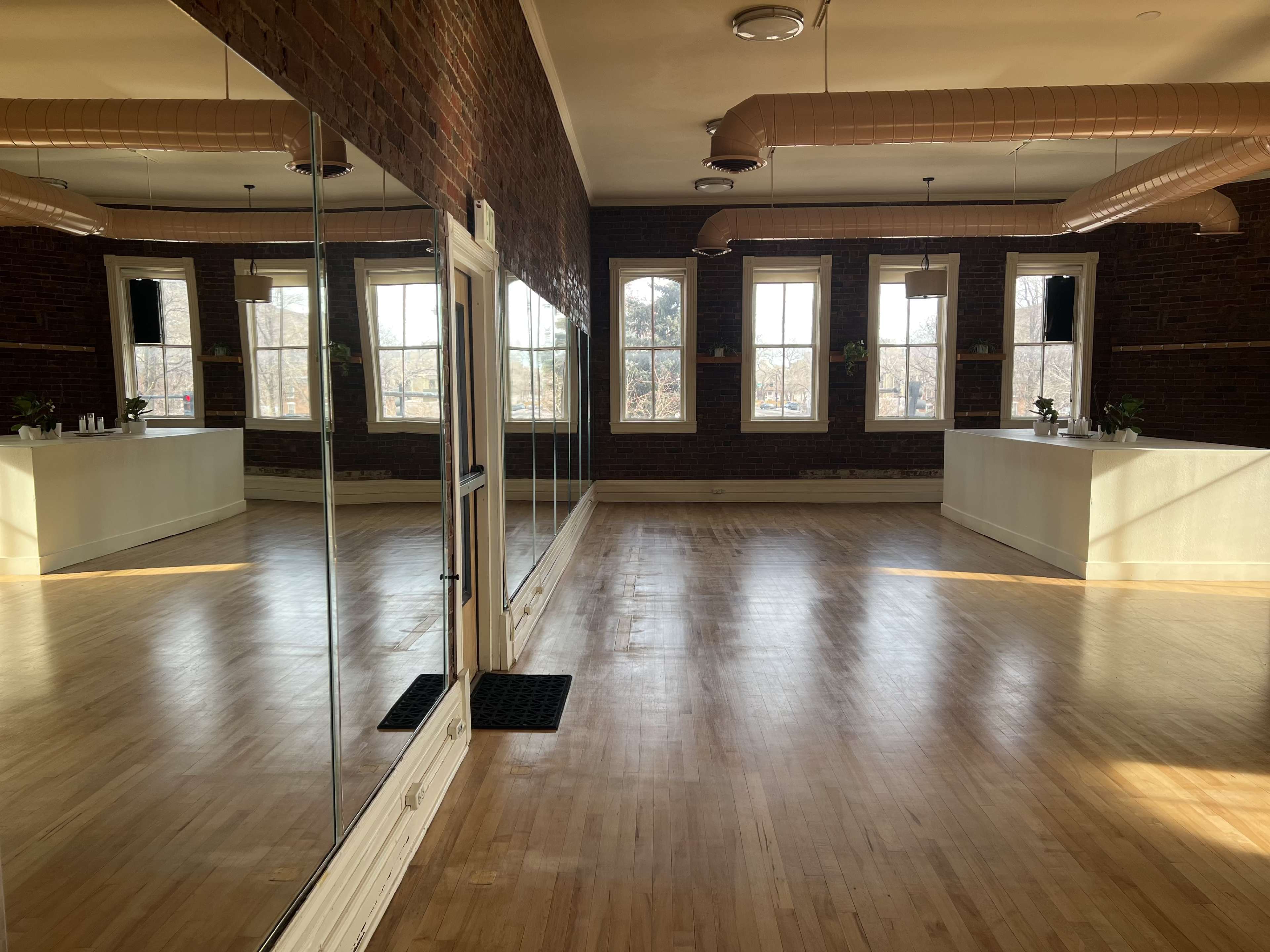 The image shows a spacious room with hardwood floors, large windows, a mirrored wall, and decorative plants at either end.