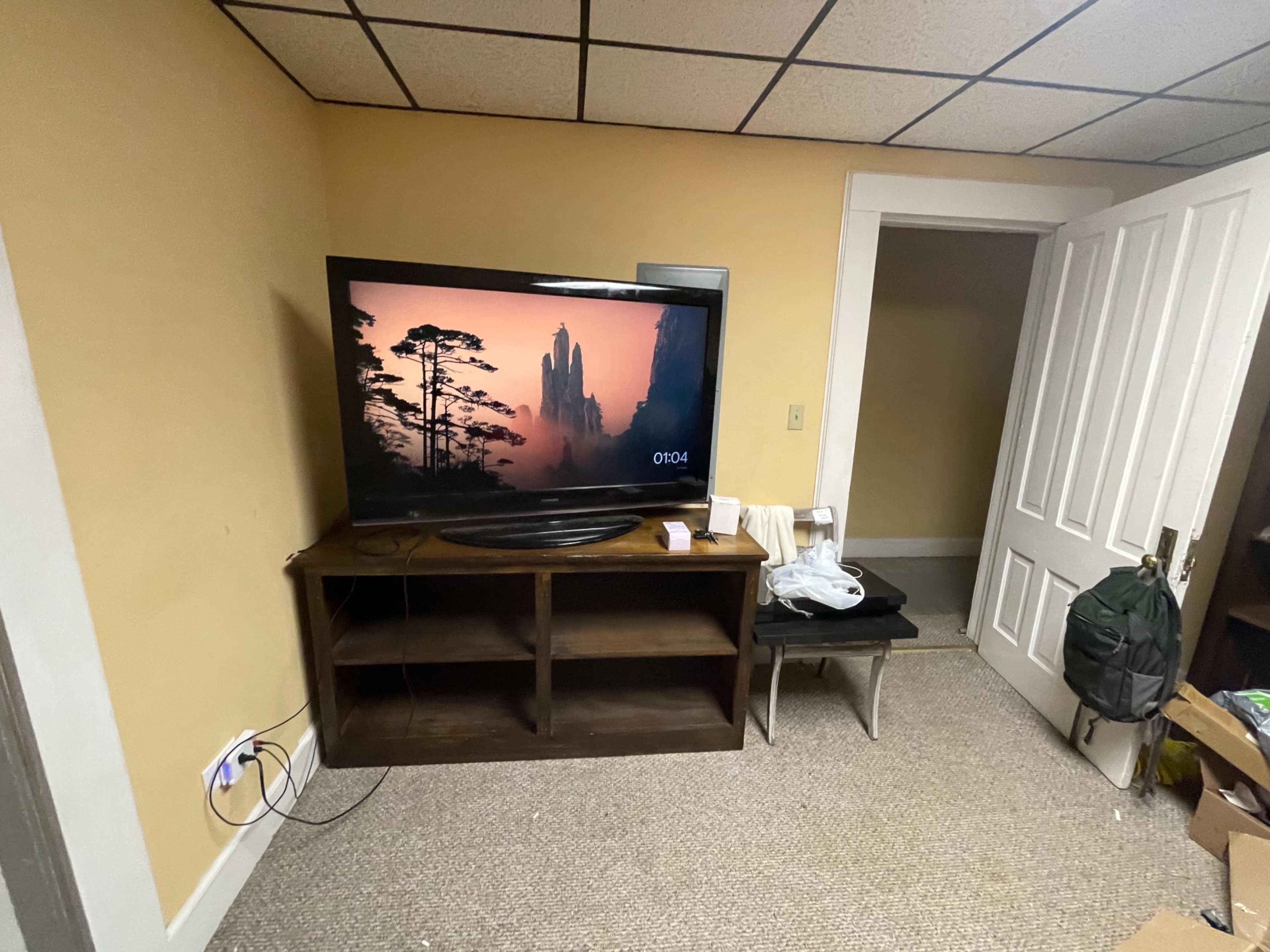 A television displaying a landscape scene is positioned on a wooden stand in a room with beige walls and a closed door in the background.