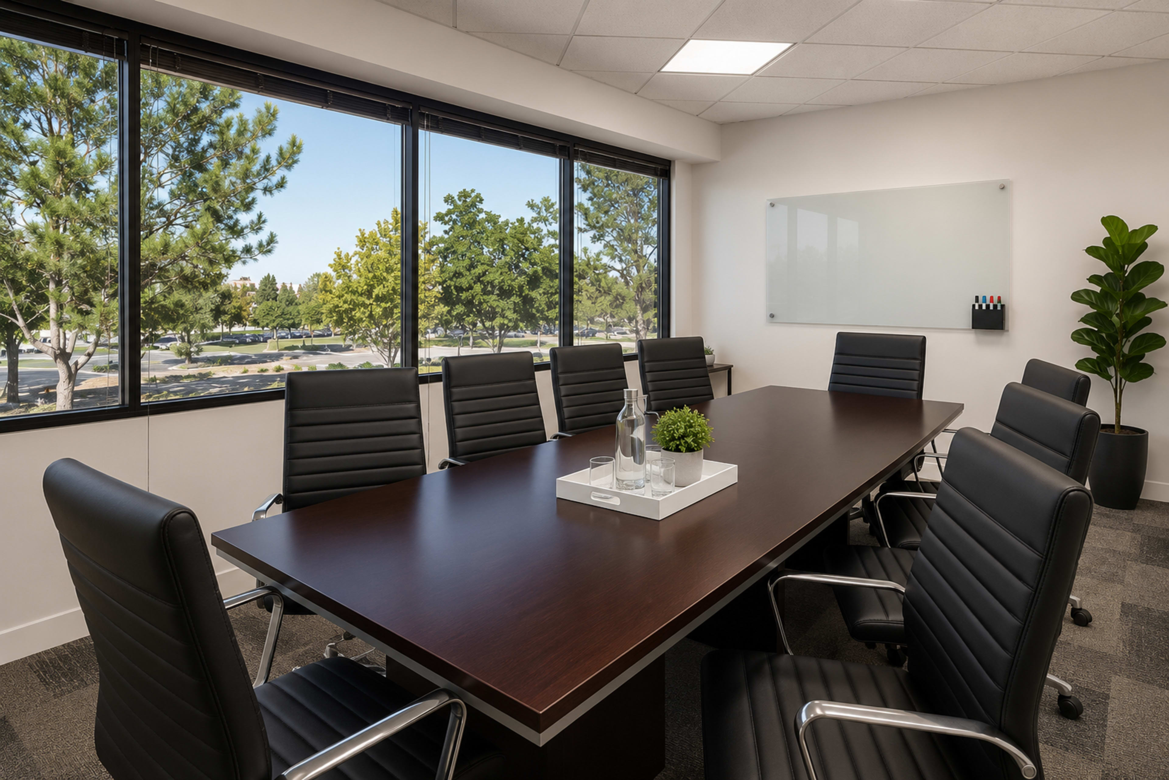 The image shows a modern conference room with a large wooden table surrounded by black leather chairs, large windows providing natural light, and a green plant in the corner.