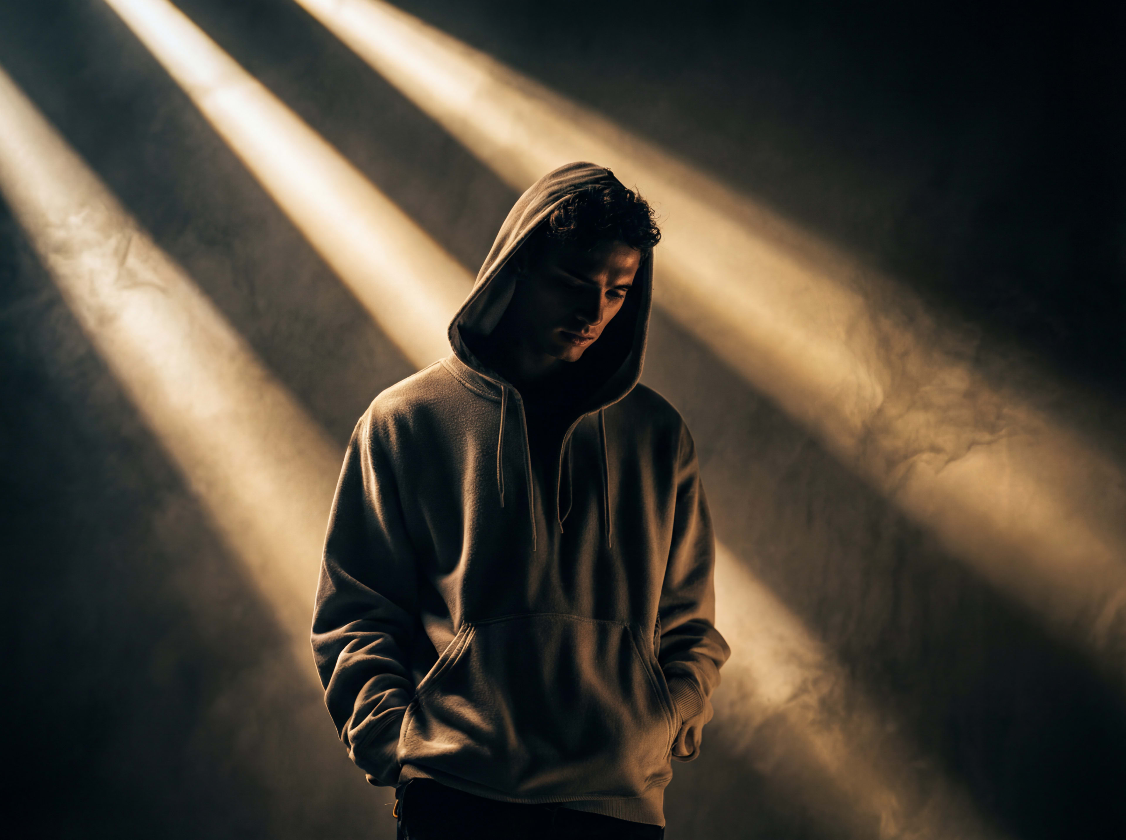 A person in a hooded sweatshirt stands with their head down, illuminated by beams of light against a dark background.