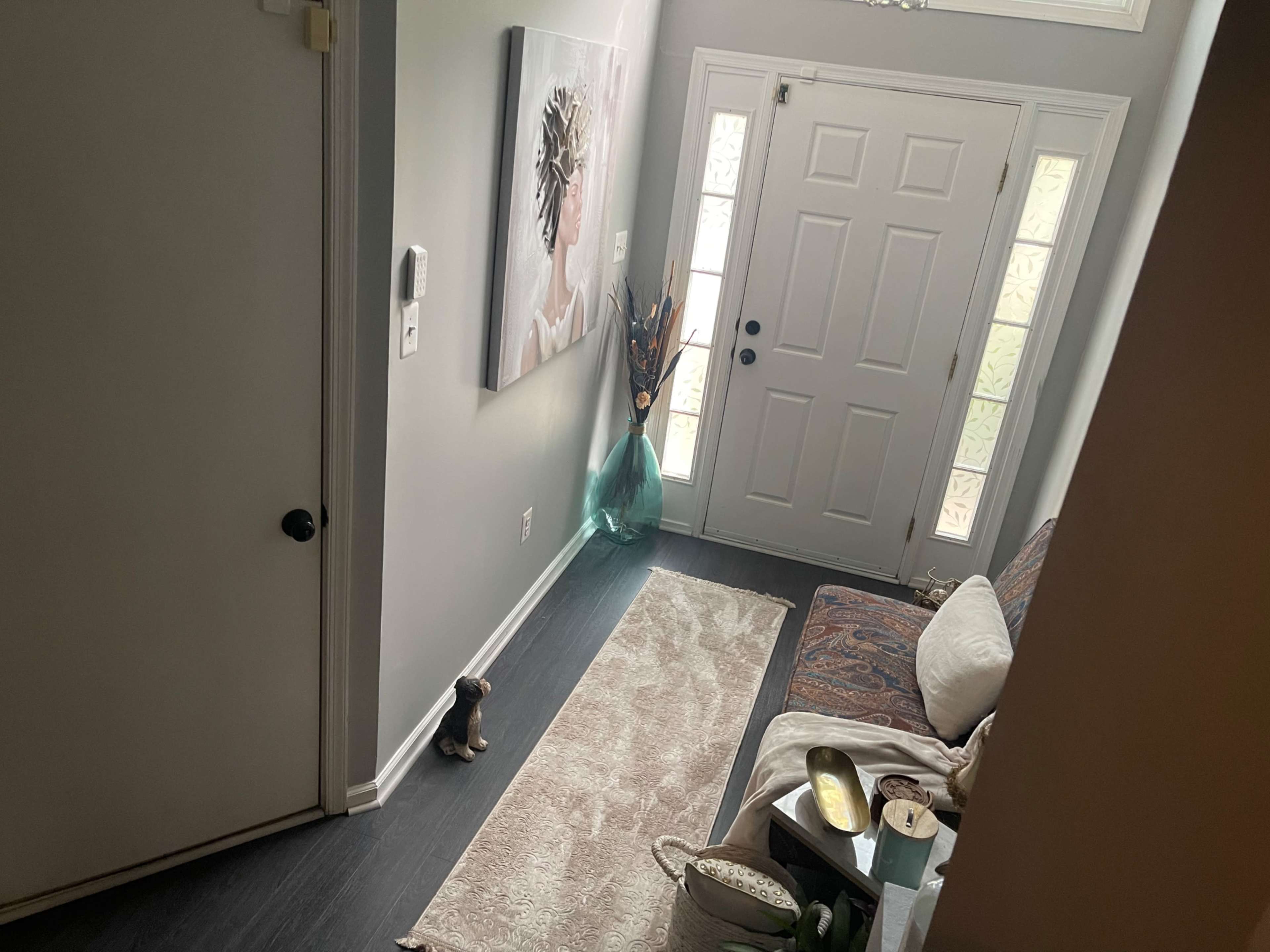 A small entryway with a decorative painting, a large vase, a rug, and a sofa near a front door.