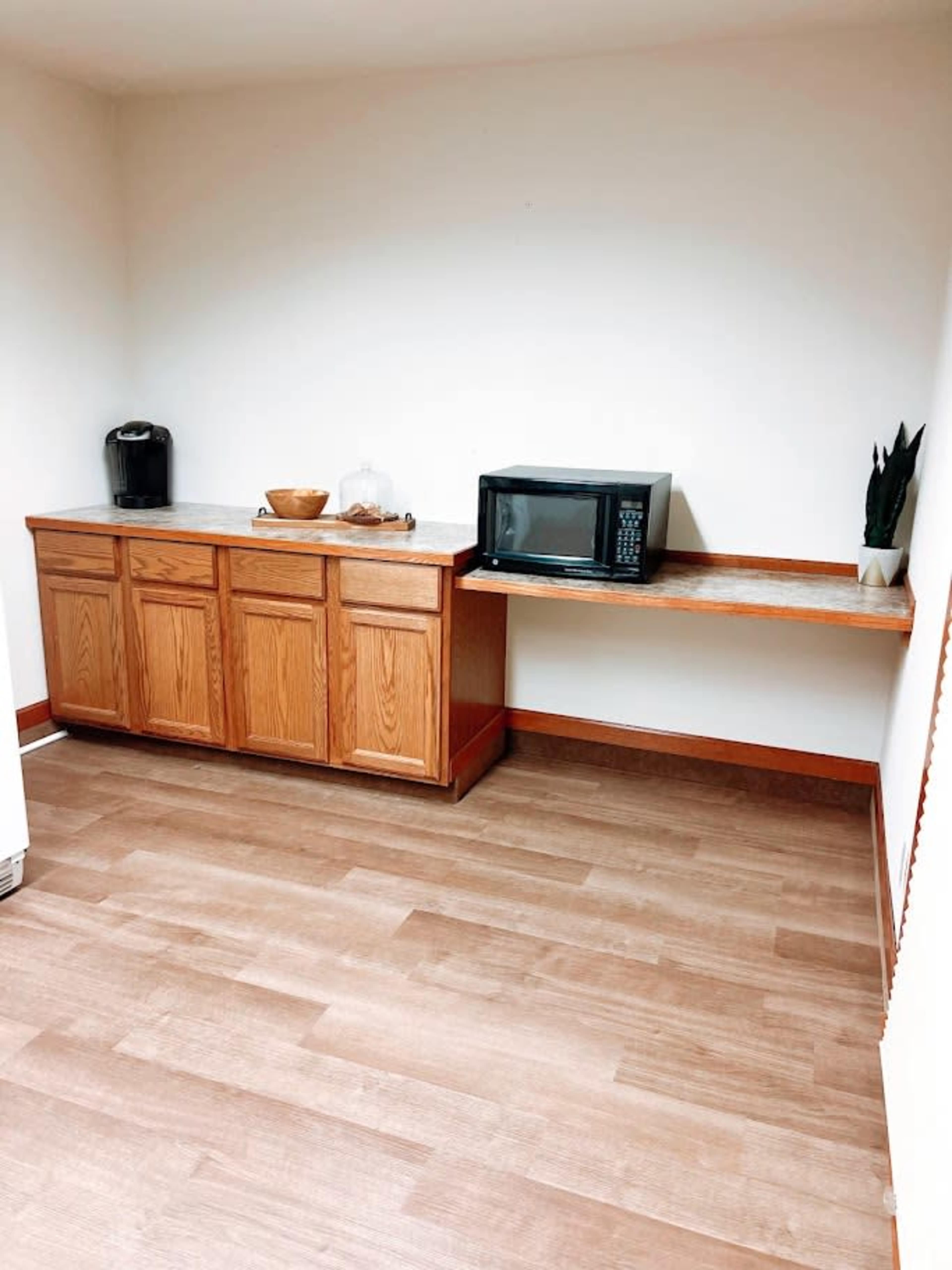 The image shows a simple kitchen area featuring wooden cabinets, a countertop with a microwave, a coffee maker, a bowl, and a small plant against a blank wall.