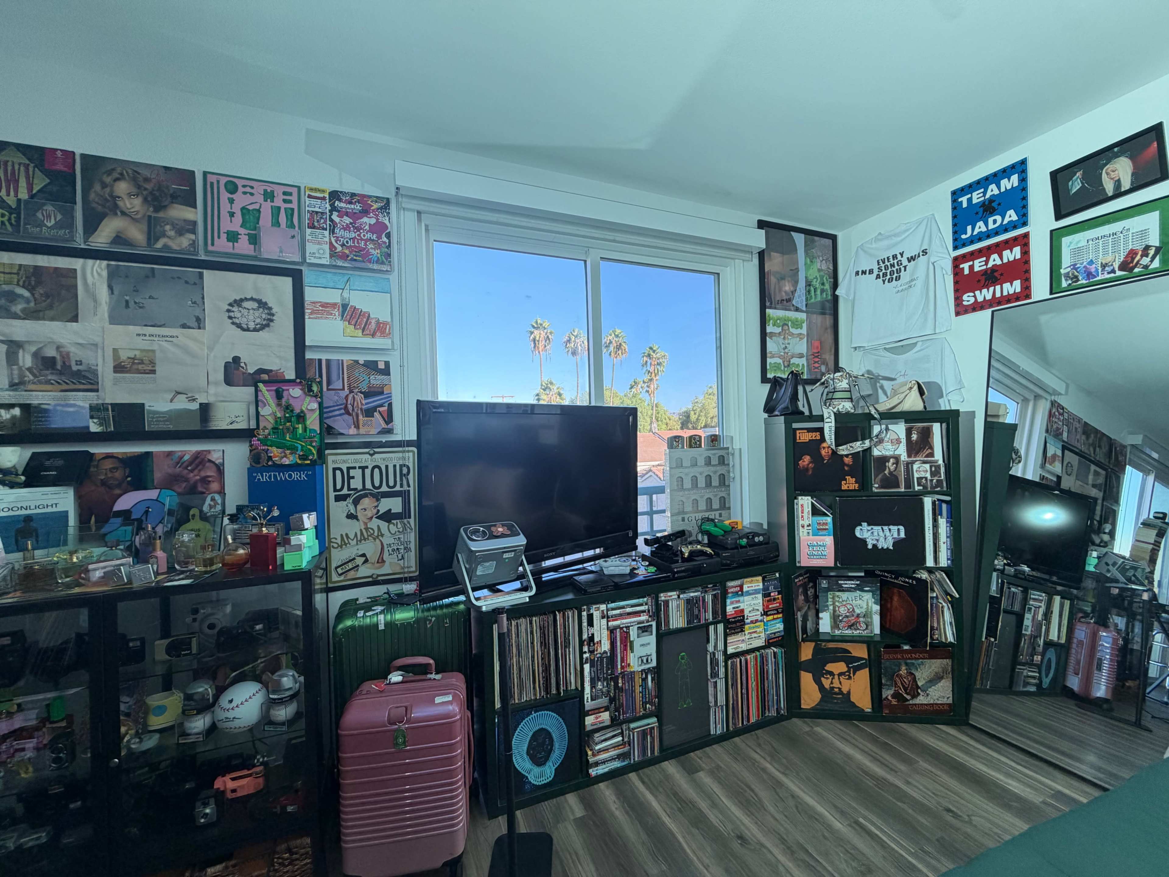 The image shows a room filled with various posters, records, and memorabilia on the walls and shelves, with a large window providing a view of palm trees outside.