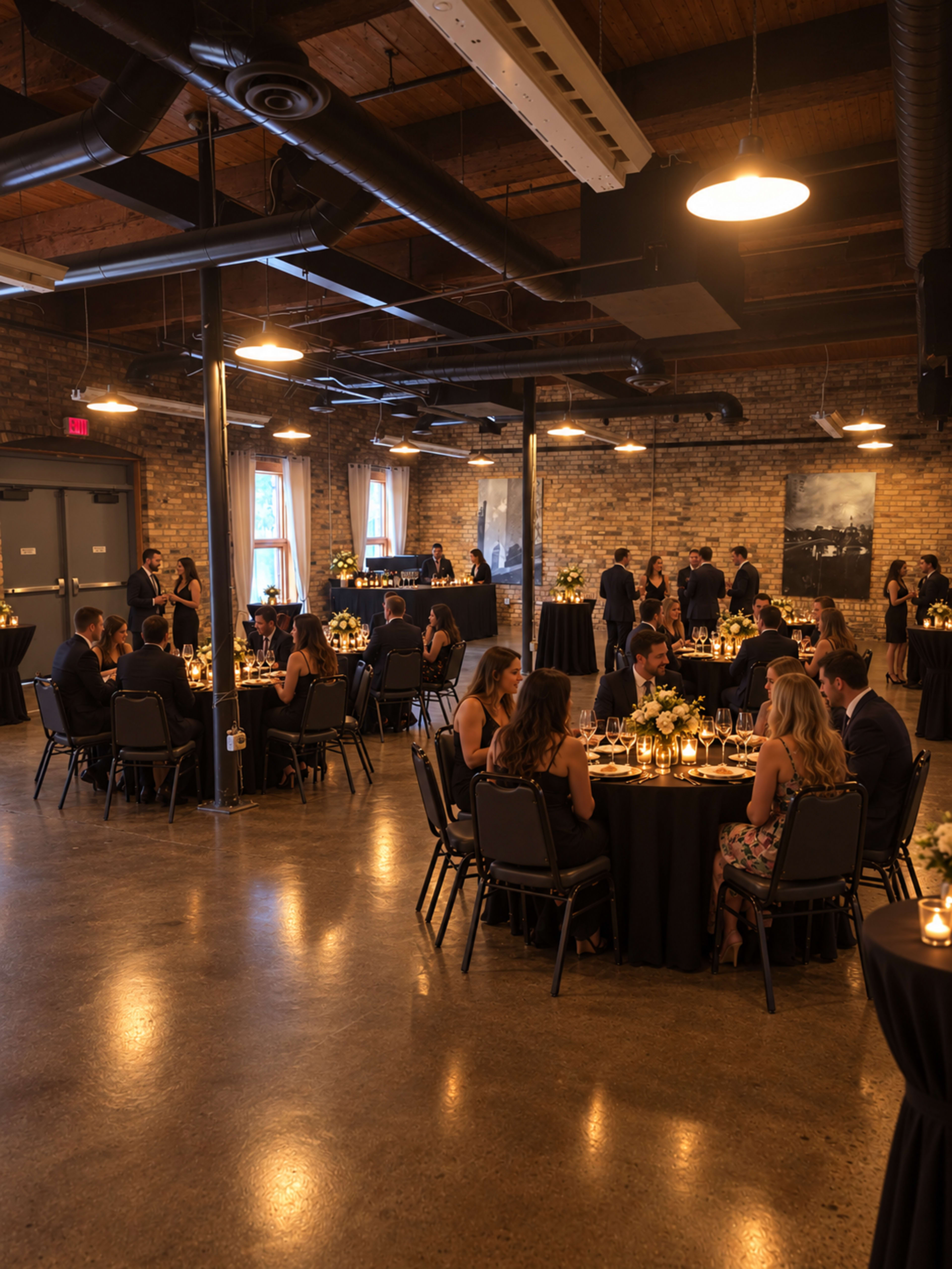 The image shows a spacious event hall with elegantly set round tables, where guests are mingling and dining under warm lighting.