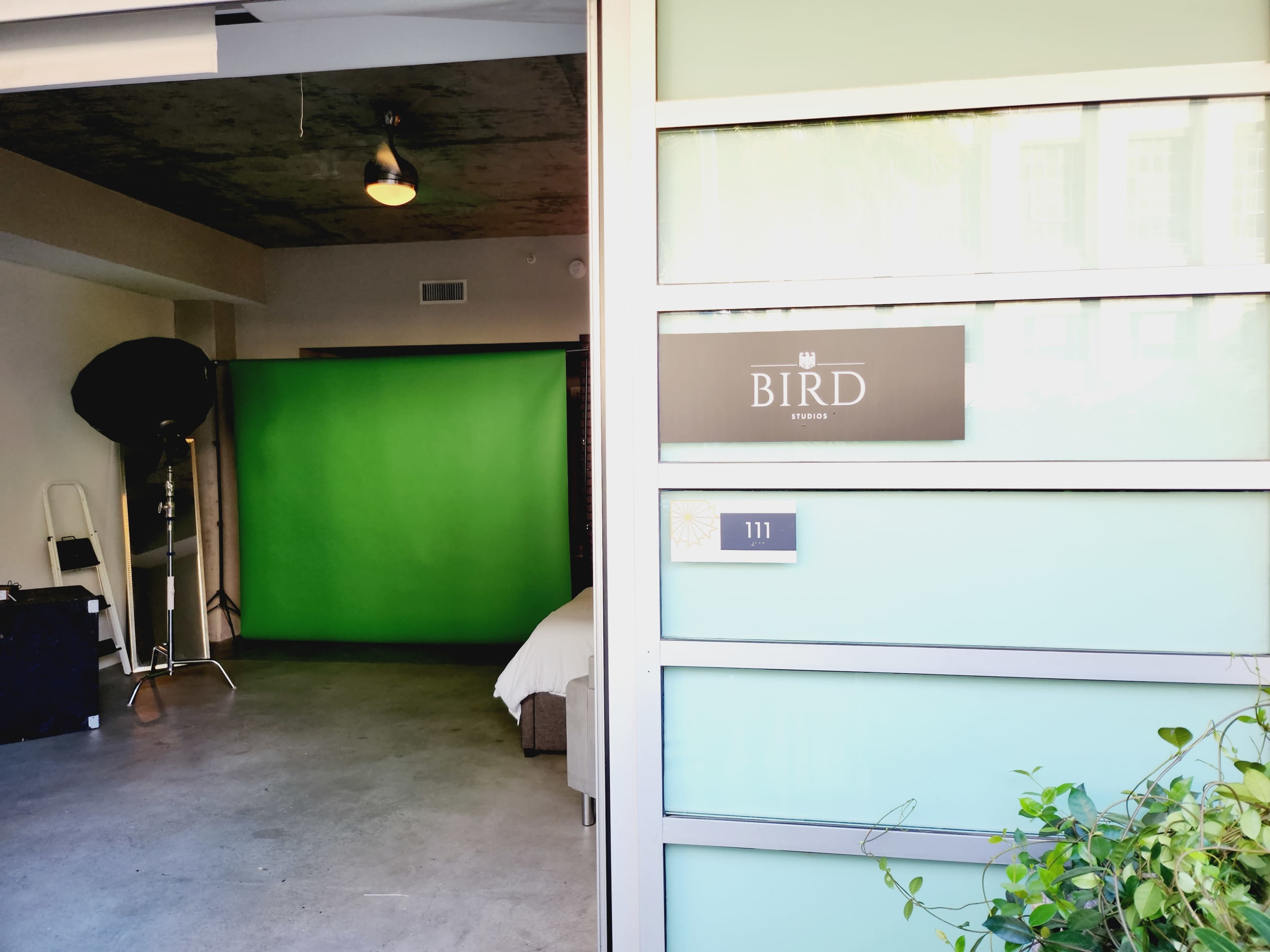 The image shows the entrance to Bird Studios, featuring a green backdrop inside and a room number, 111, on the door.