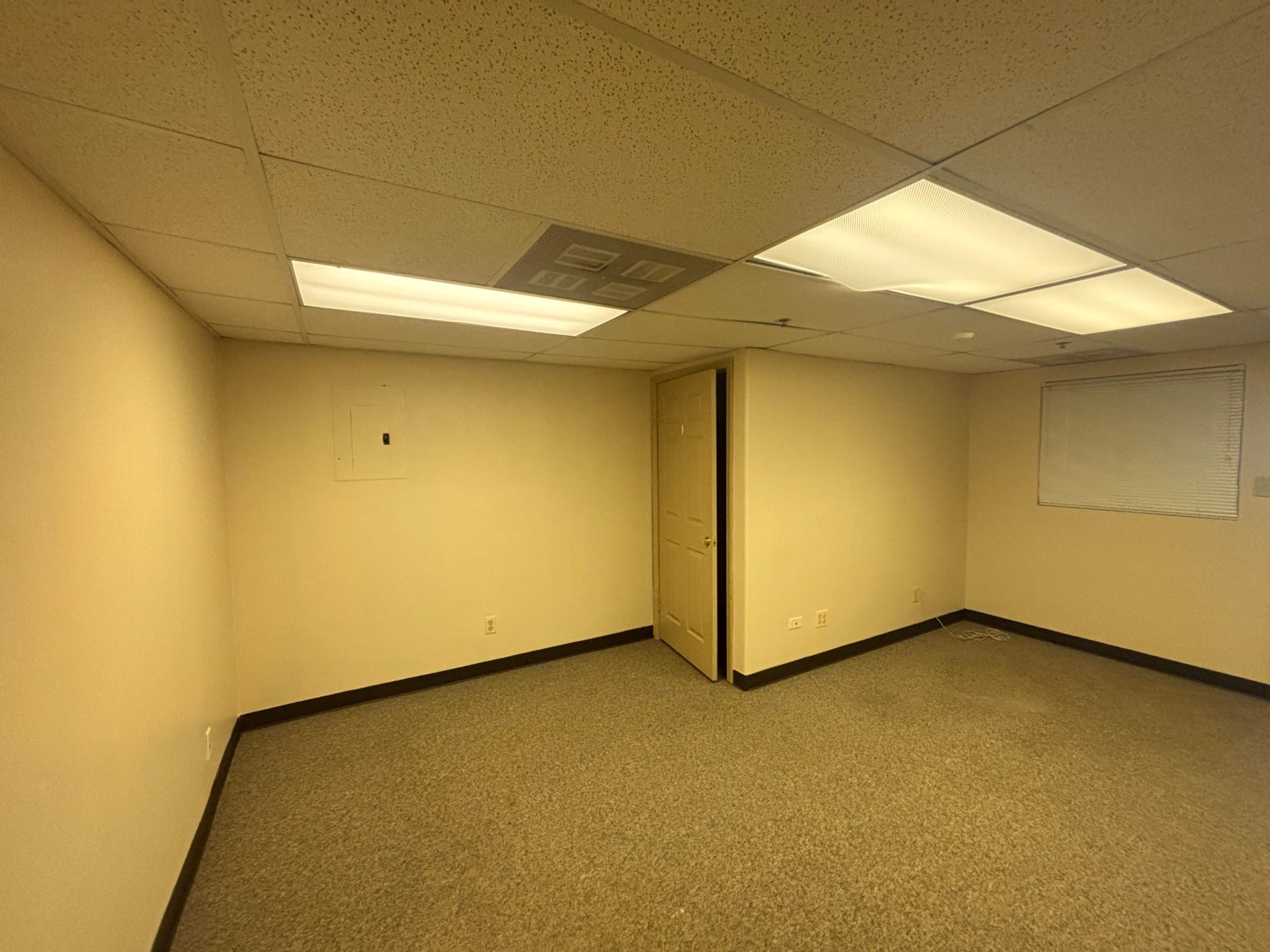 The image shows an empty room with beige walls, a carpeted floor, a single door, and fluorescent ceiling lights.