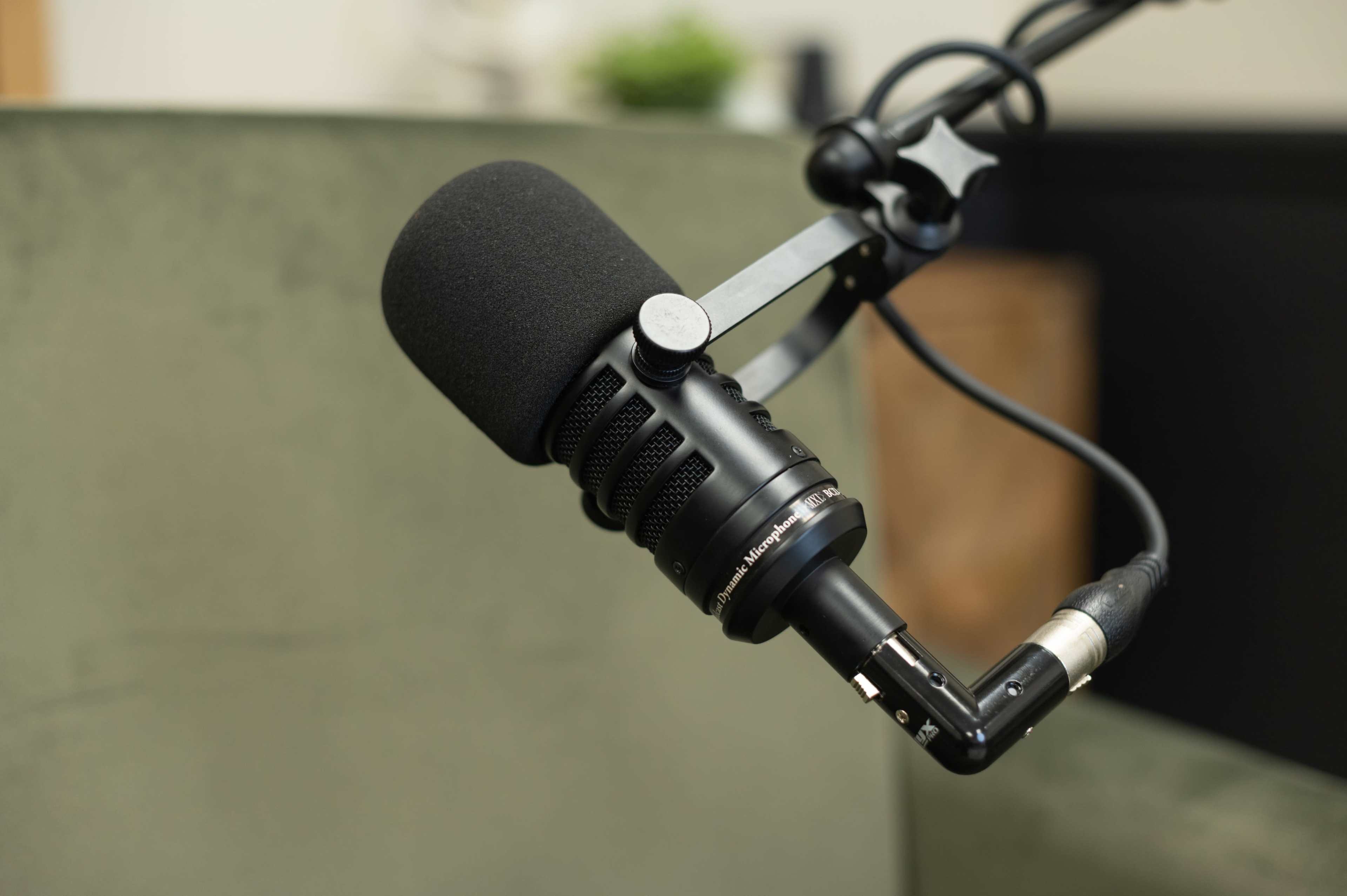 A black microphone is mounted on an adjustable arm with a cable connected to its base.
