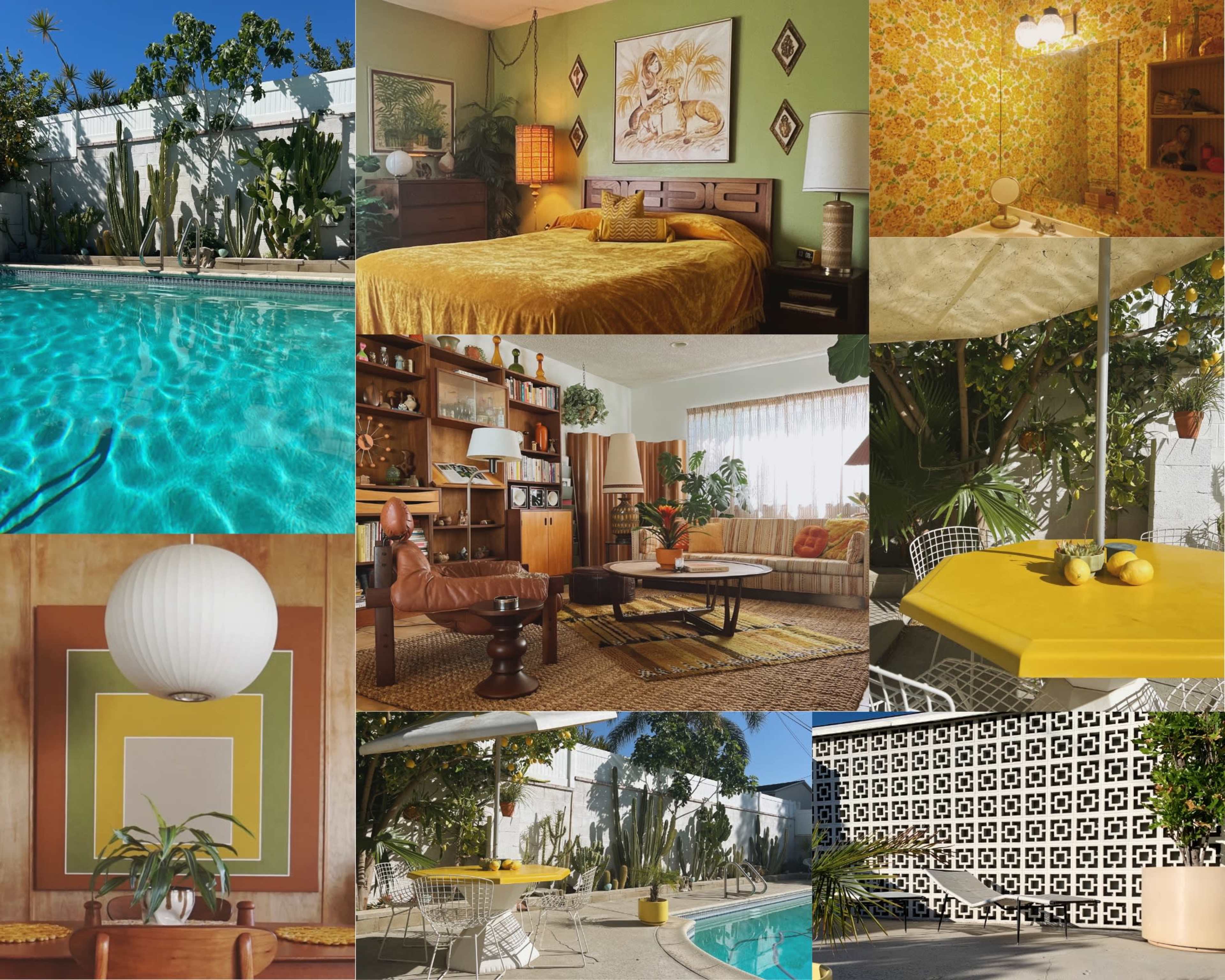 A collage of various retro-inspired interior and exterior scenes, including a swimming pool, a cozy living room with vintage decor, a bright bedroom, and outdoor table settings adorned with plants and greenery.
