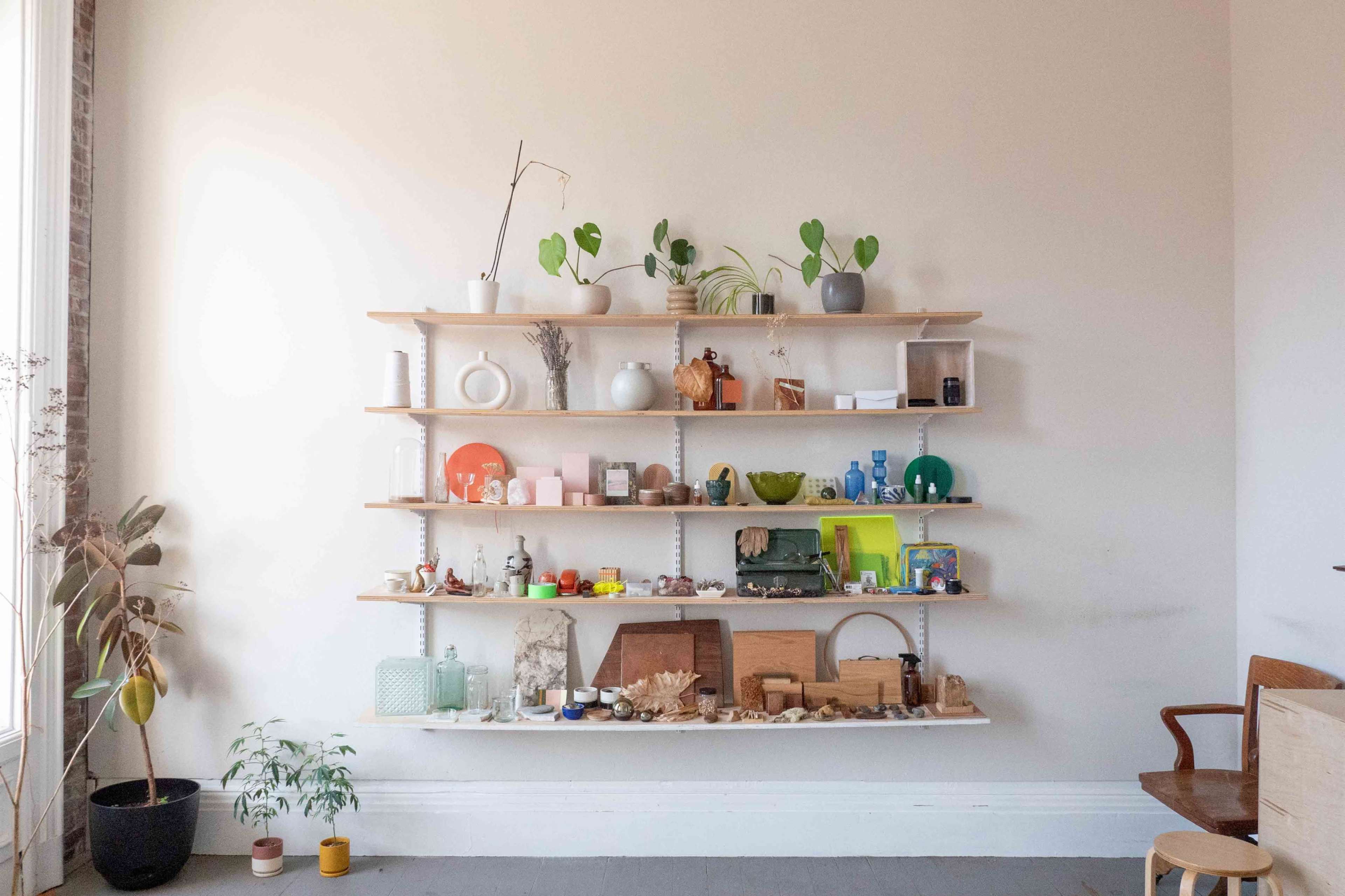 A wall-mounted shelf displays a variety of decorative items, plants, and collectibles arranged in an organized manner.