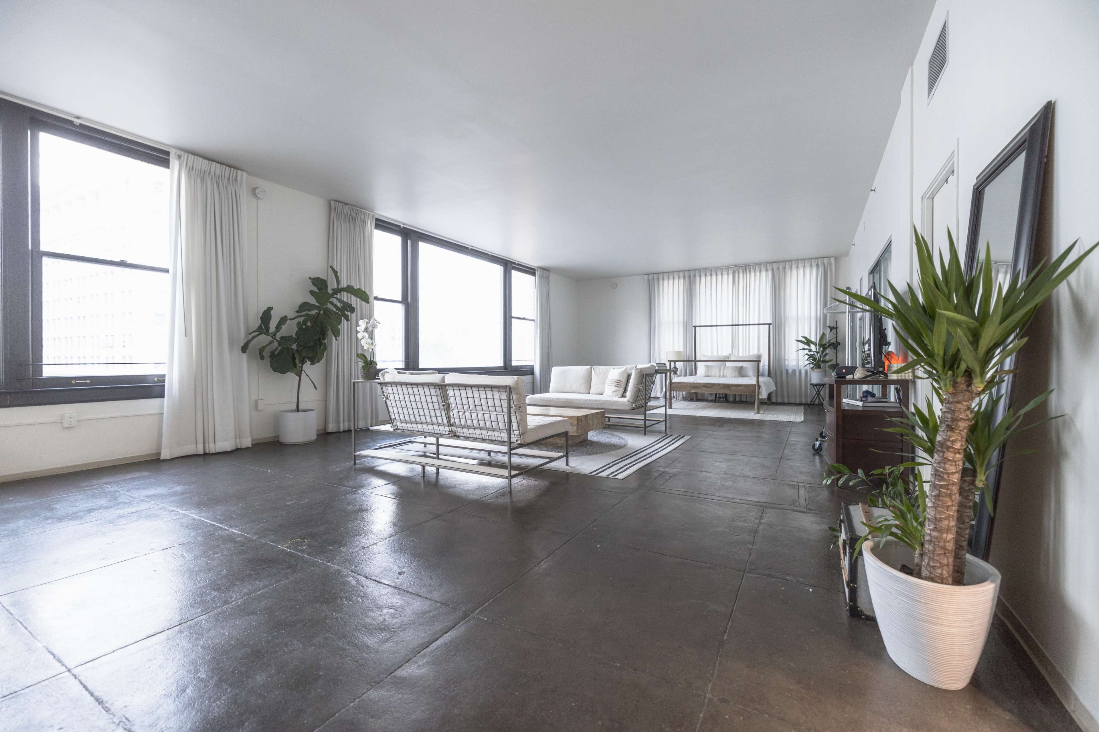 A spacious living area features large windows, minimalist furniture, and indoor plants on a concrete floor.