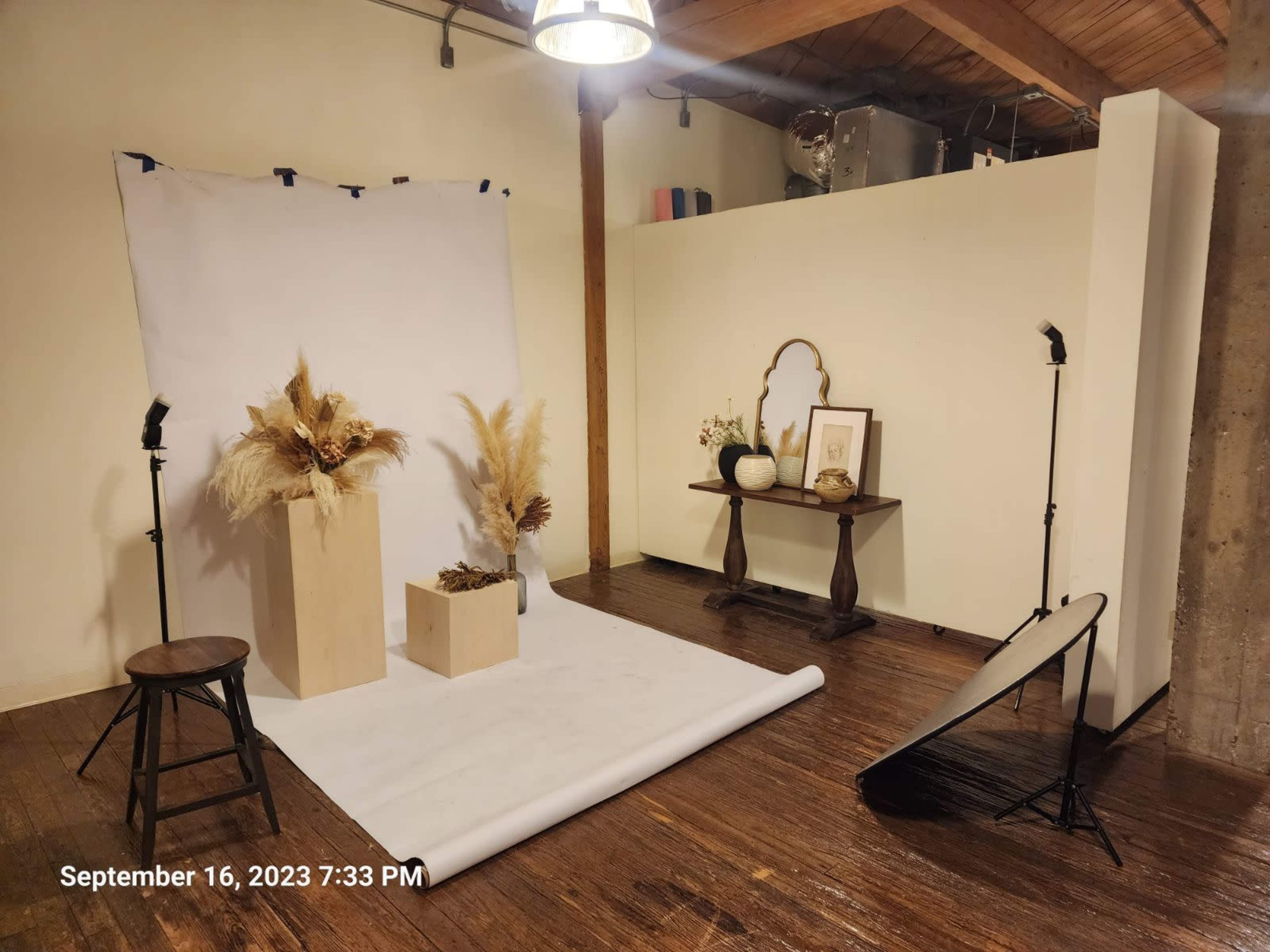 A photography setup featuring two wooden pedestals with decorative plants, a small table with framed artwork, and various lighting equipment against a plain backdrop.