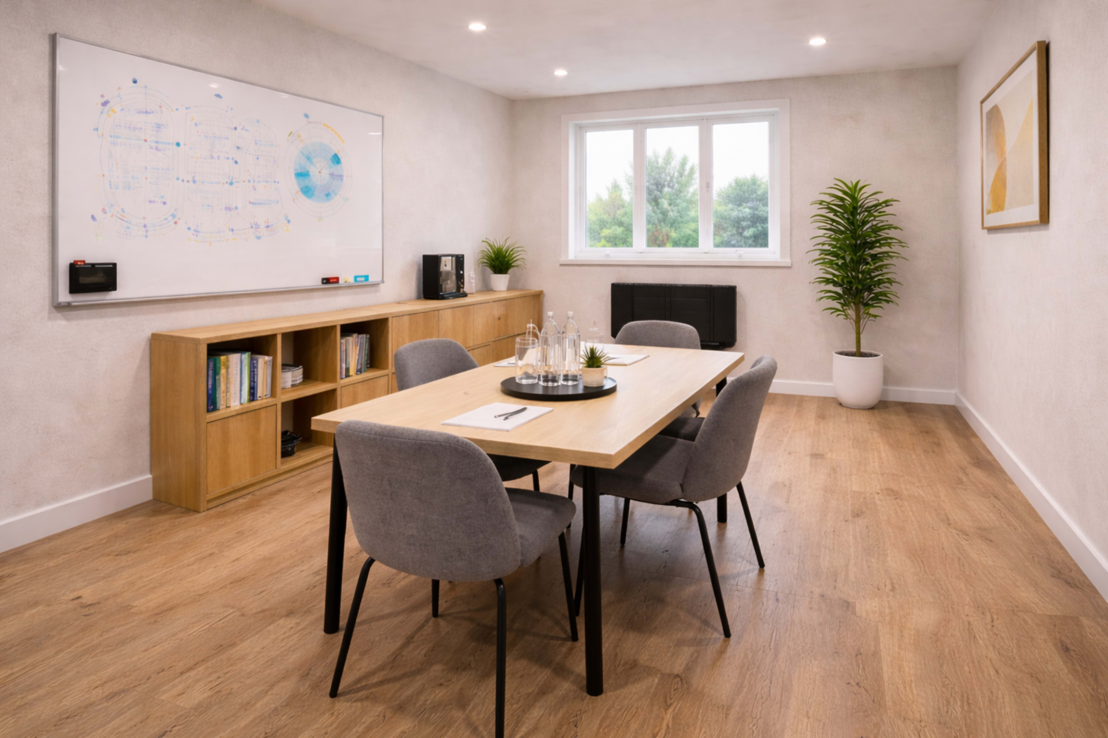 The image shows a modern meeting room with a wooden table surrounded by four gray chairs, a wall-mounted whiteboard, a bookshelf, and a potted plant.