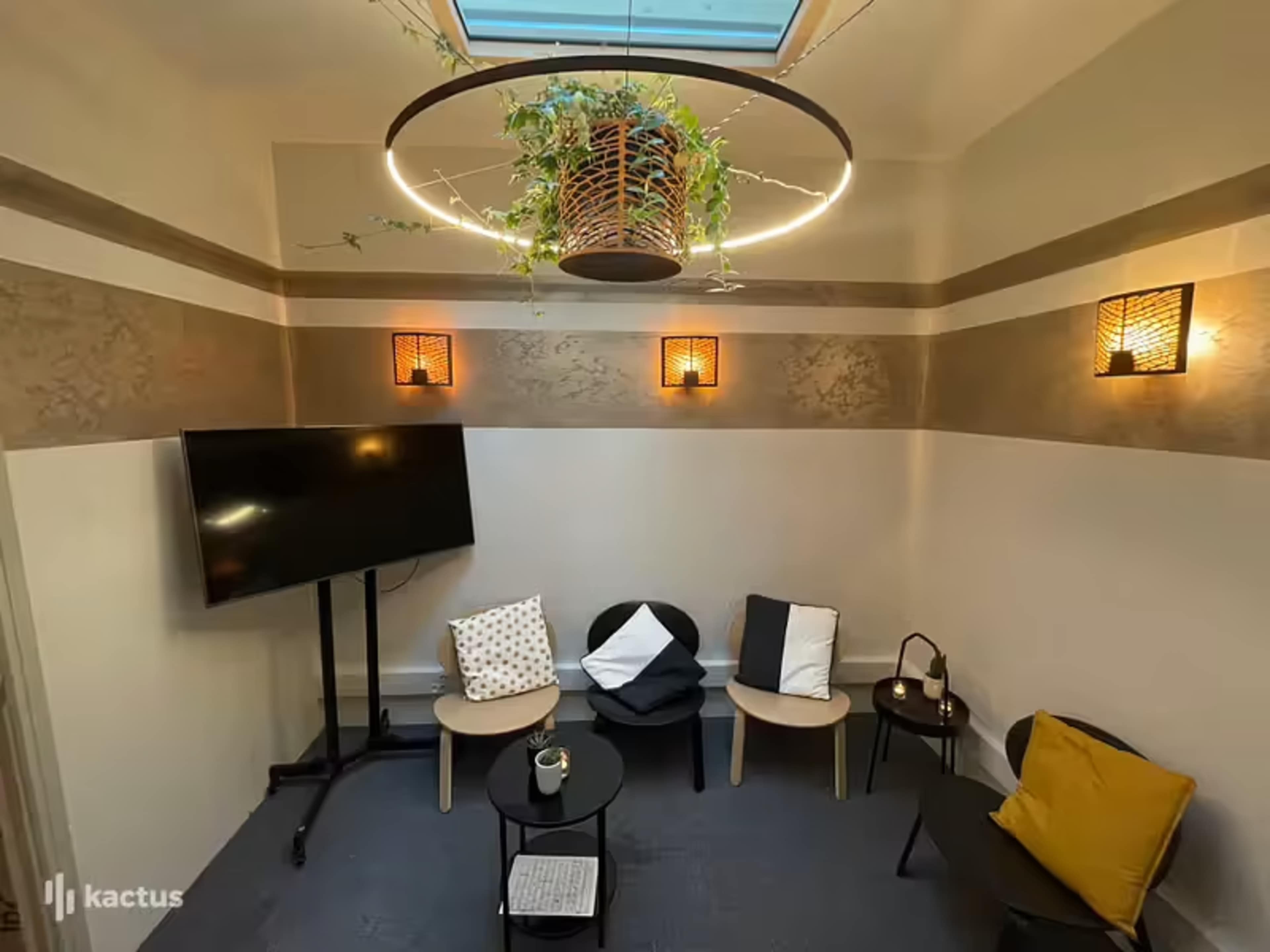 A small, modern interior room with a skylight, a television in the corner, and circular seating arrangement around a central coffee table.