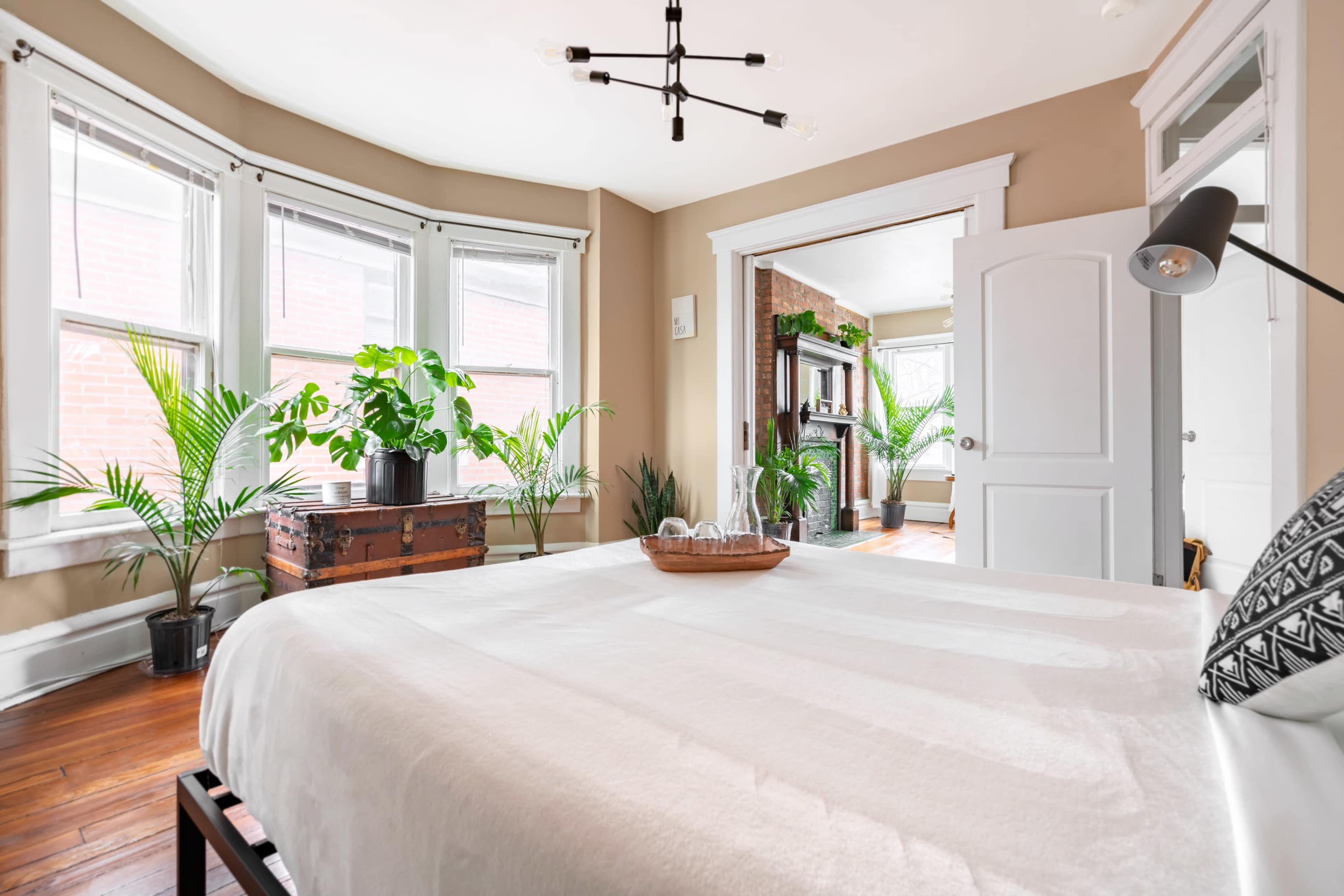 A bright bedroom features a bed with a light-colored coverlet, surrounded by plants and a vintage trunk, with an open door leading to another room.