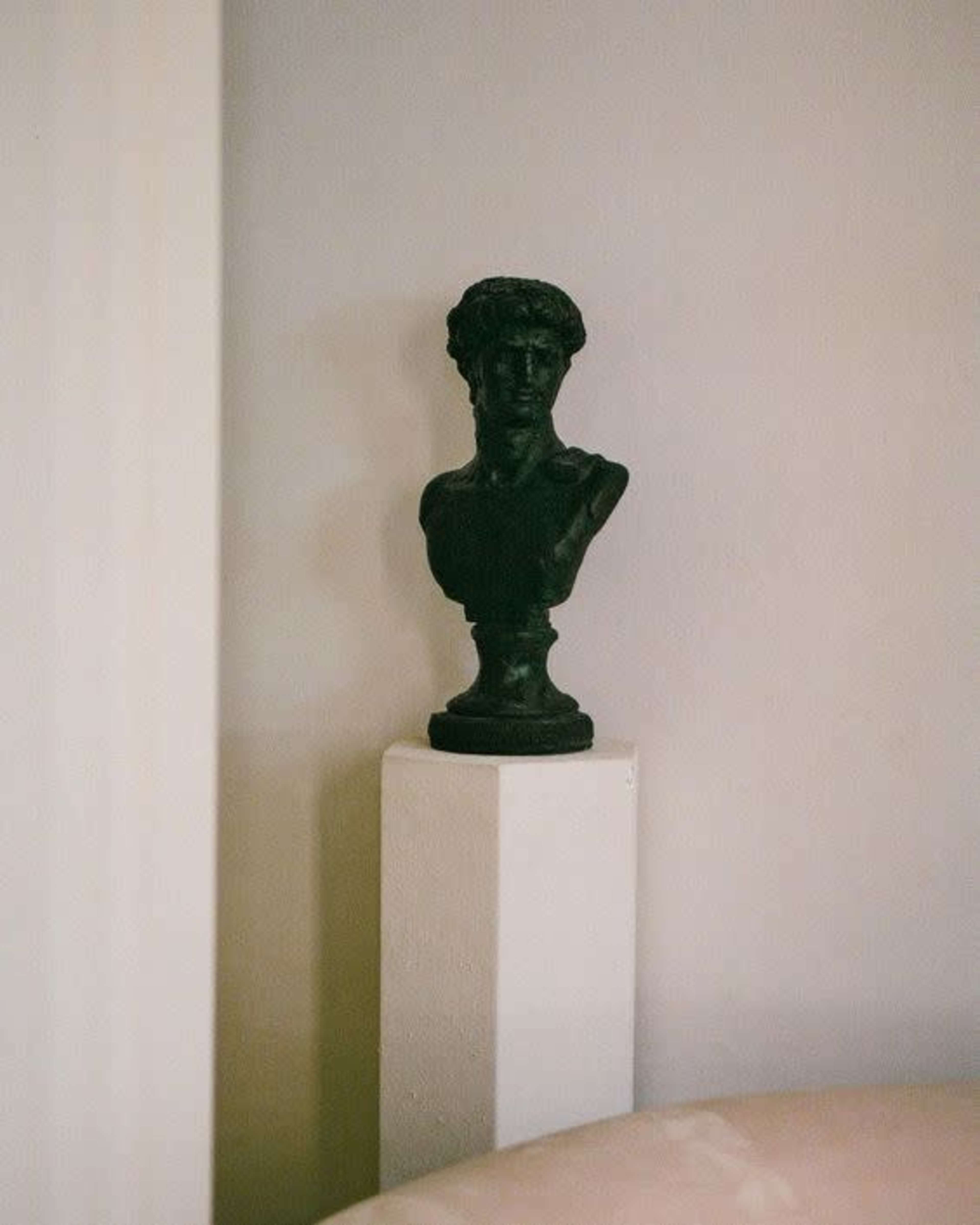 A black bust sculpture rests on a white pedestal against a light-colored wall.