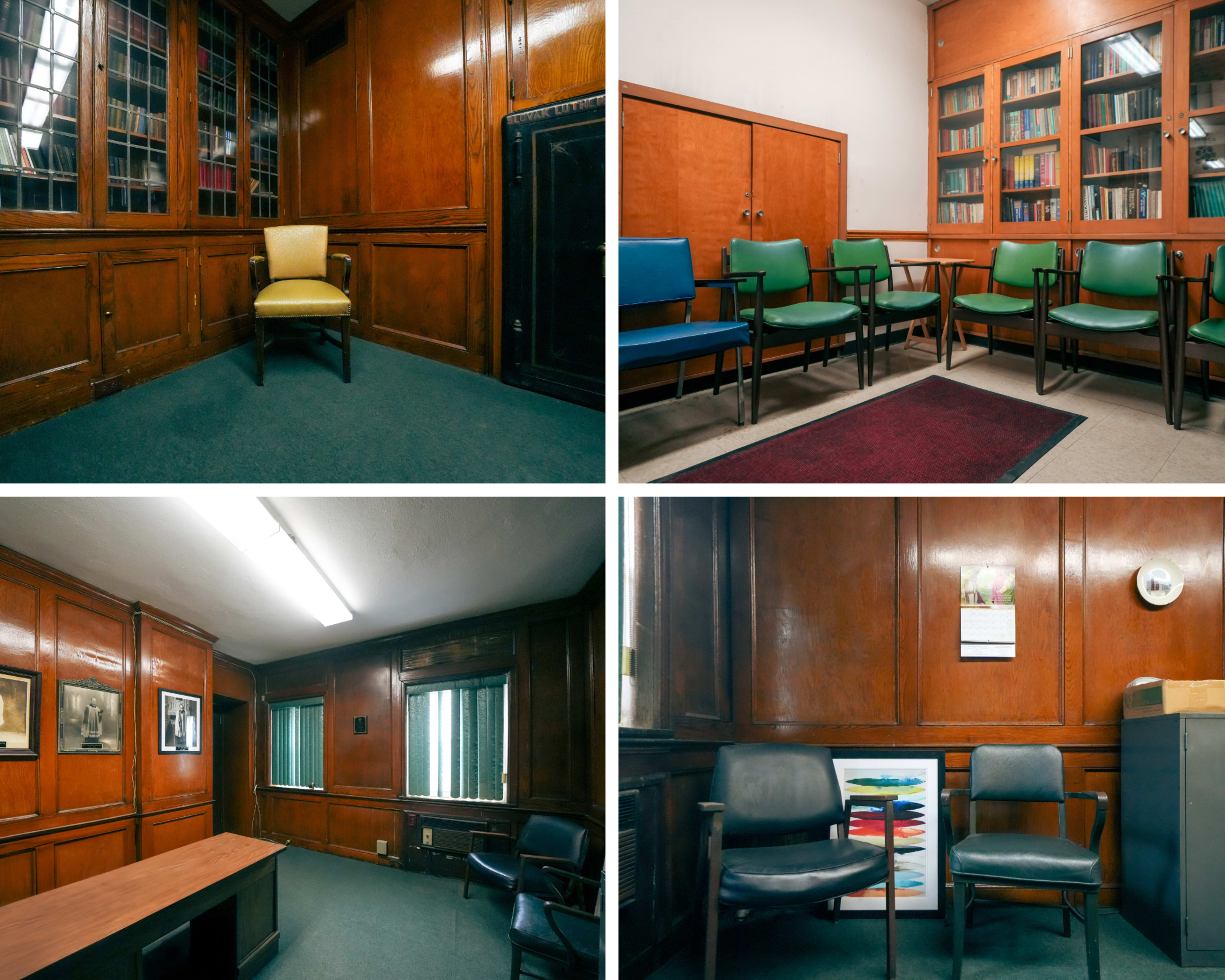 The image features four separate rooms with wooden paneling, each containing varying arrangements of chairs and minimal furnishings.