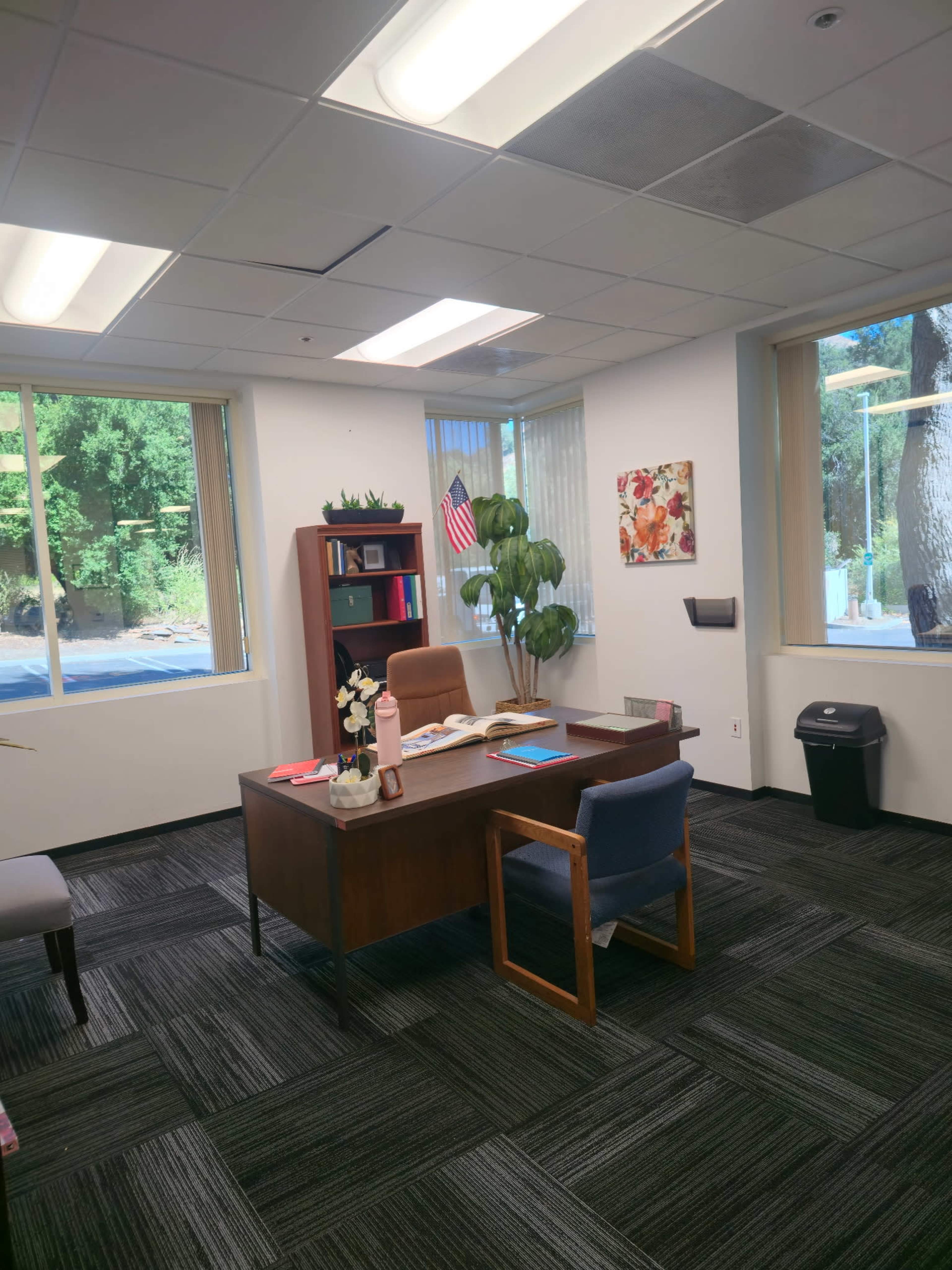 The image shows an office space with a wooden desk, a chair, a colorful bookshelf, and large windows allowing natural light to enter.