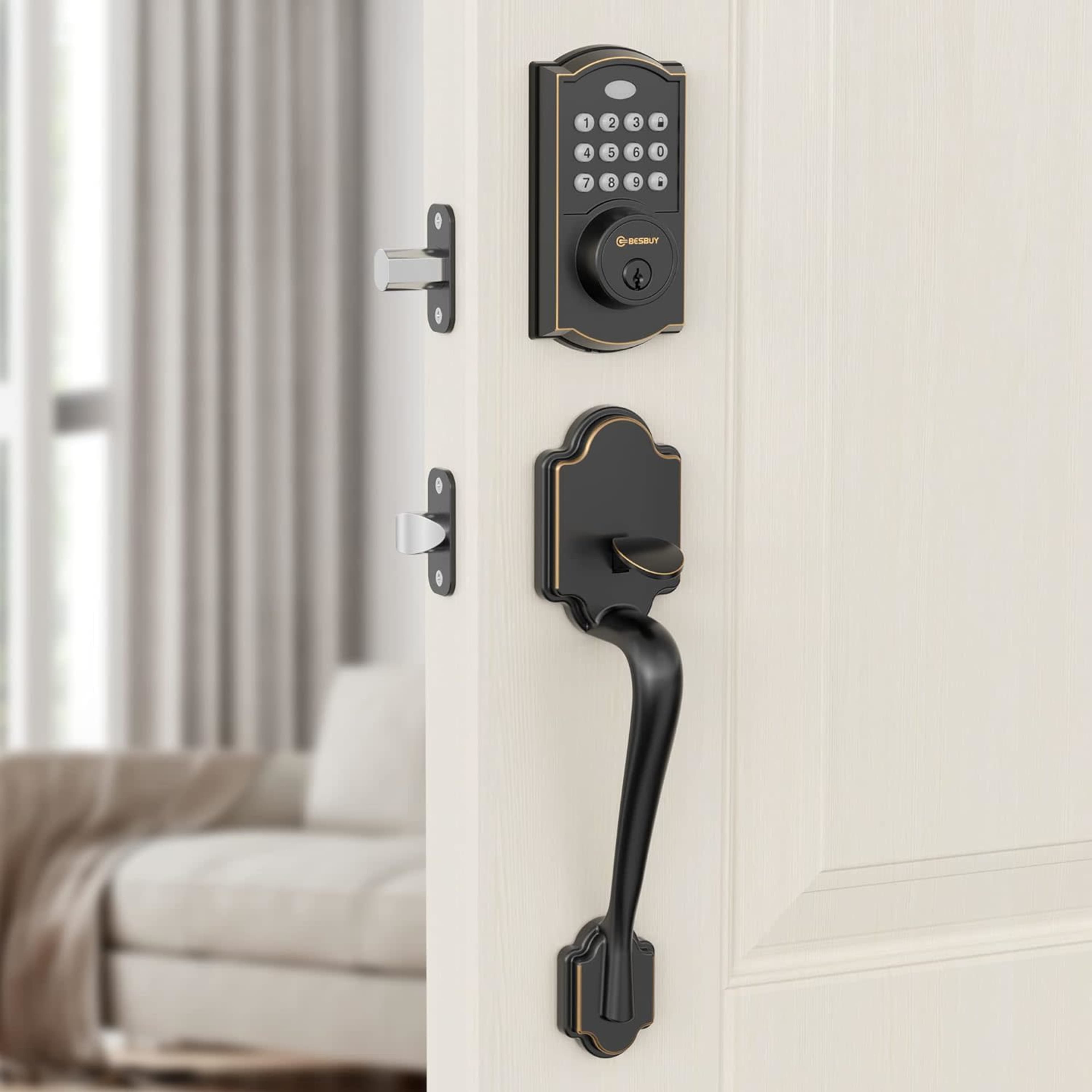 A modern keypad door lock mounted on a white door, with a traditional handle and latch visible.