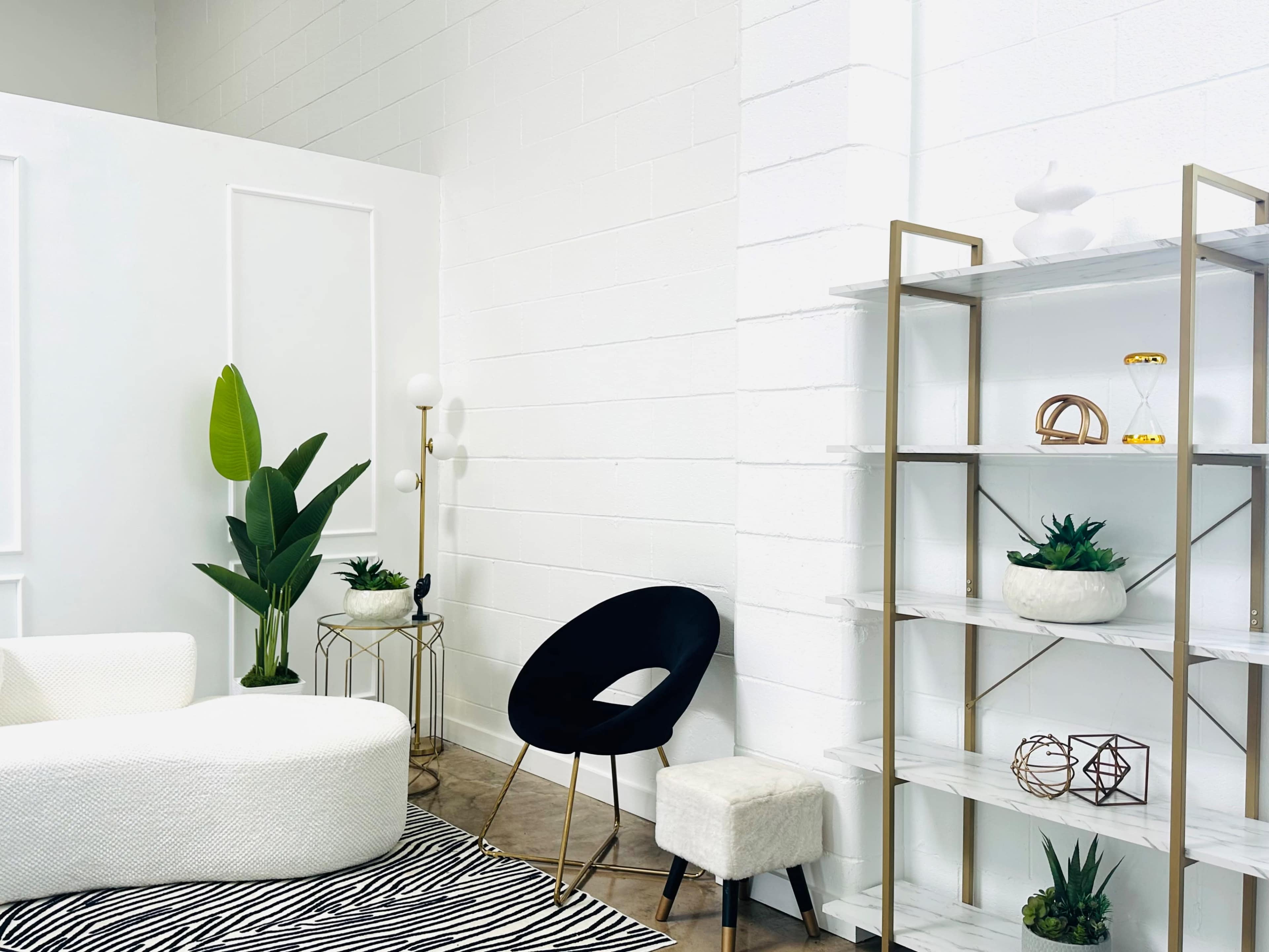 The image shows a modern, minimalistic interior featuring a white couch, a black chair, plants, and a decorative shelving unit against a white wall.