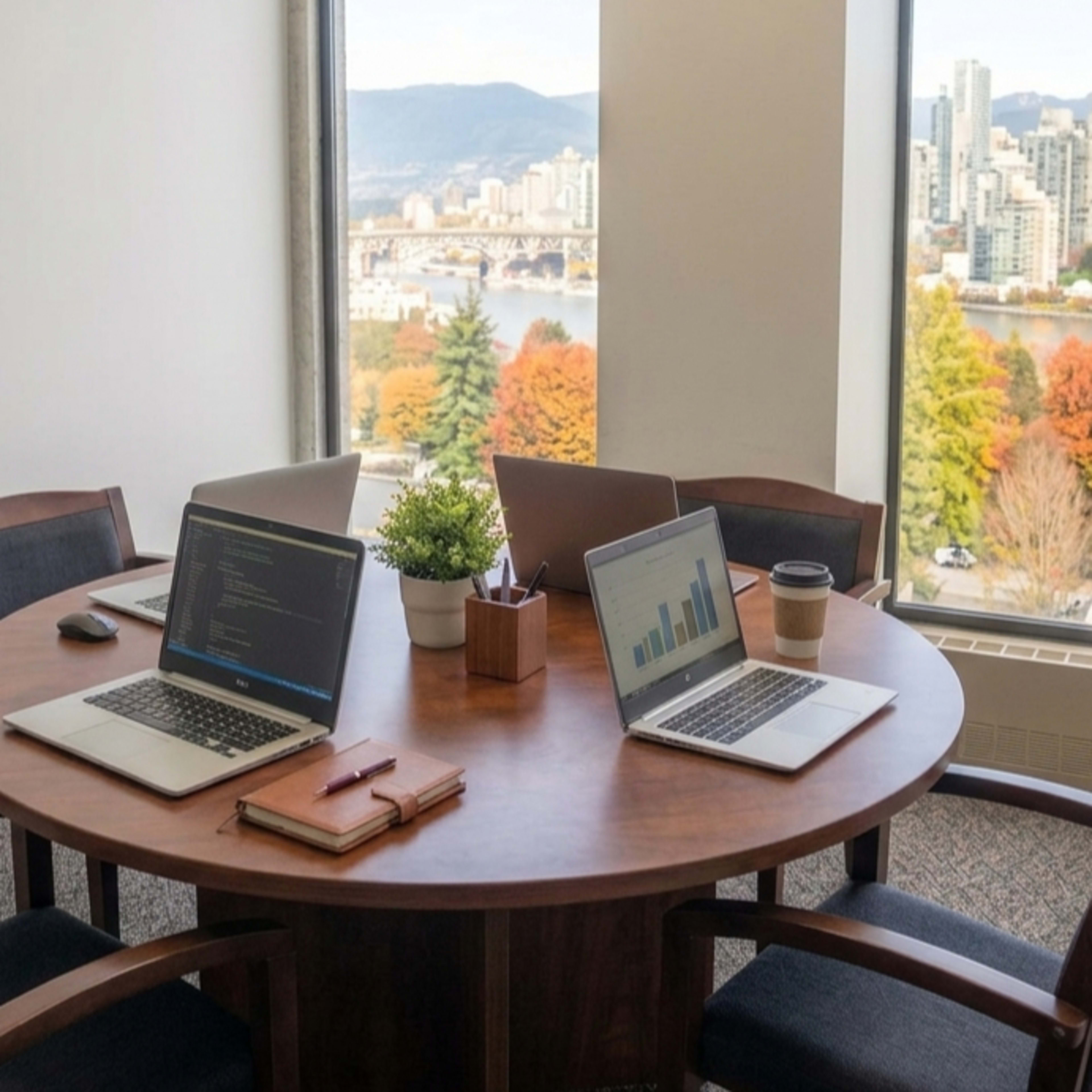 A round table in a bright conference room features several laptops, a potted plant, and a coffee cup, with a skyline view outside the window.