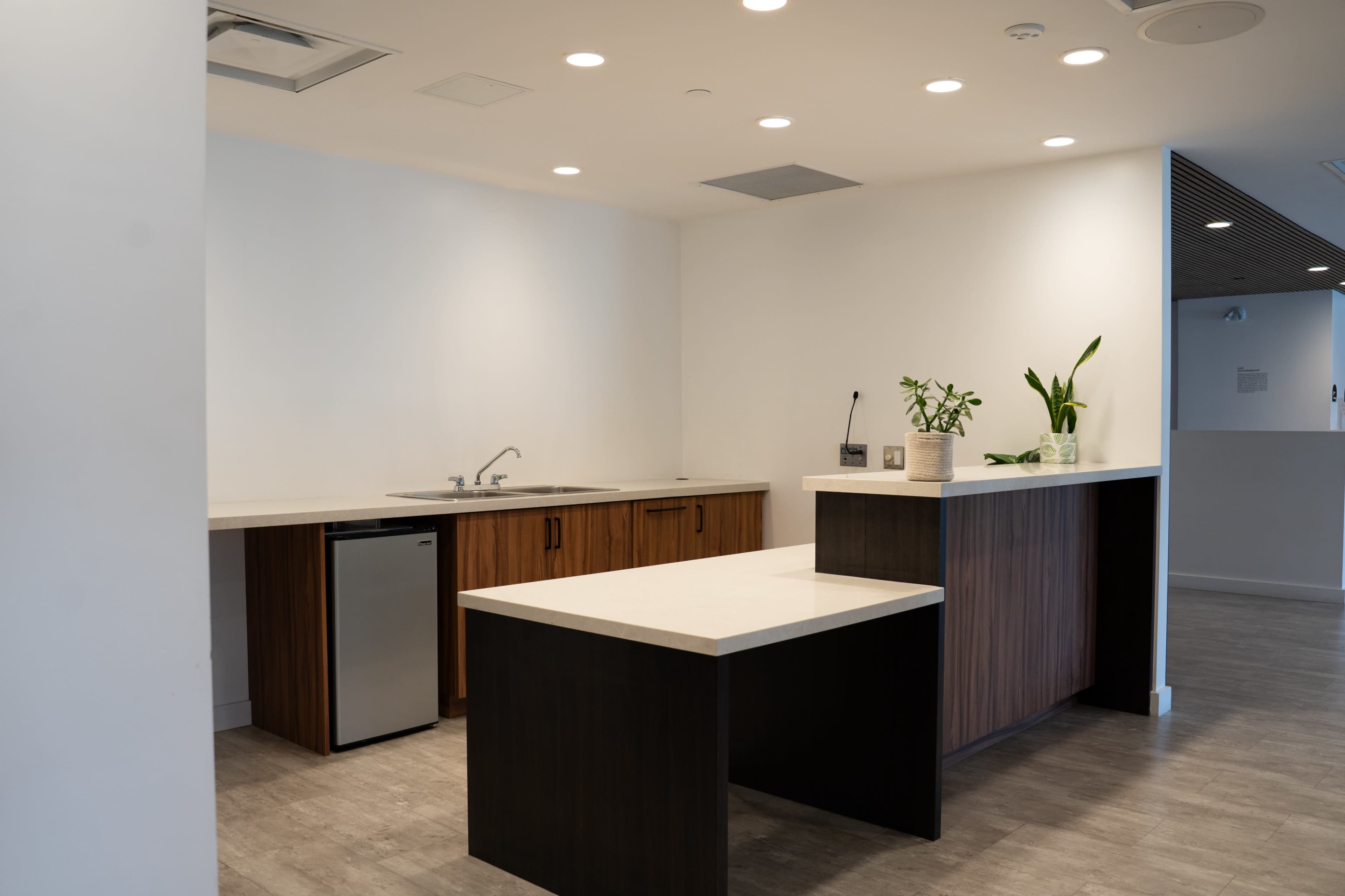 The image shows a modern kitchen area with a sink, countertop, and a small refrigerator, featuring wooden cabinetry and bright lighting.
