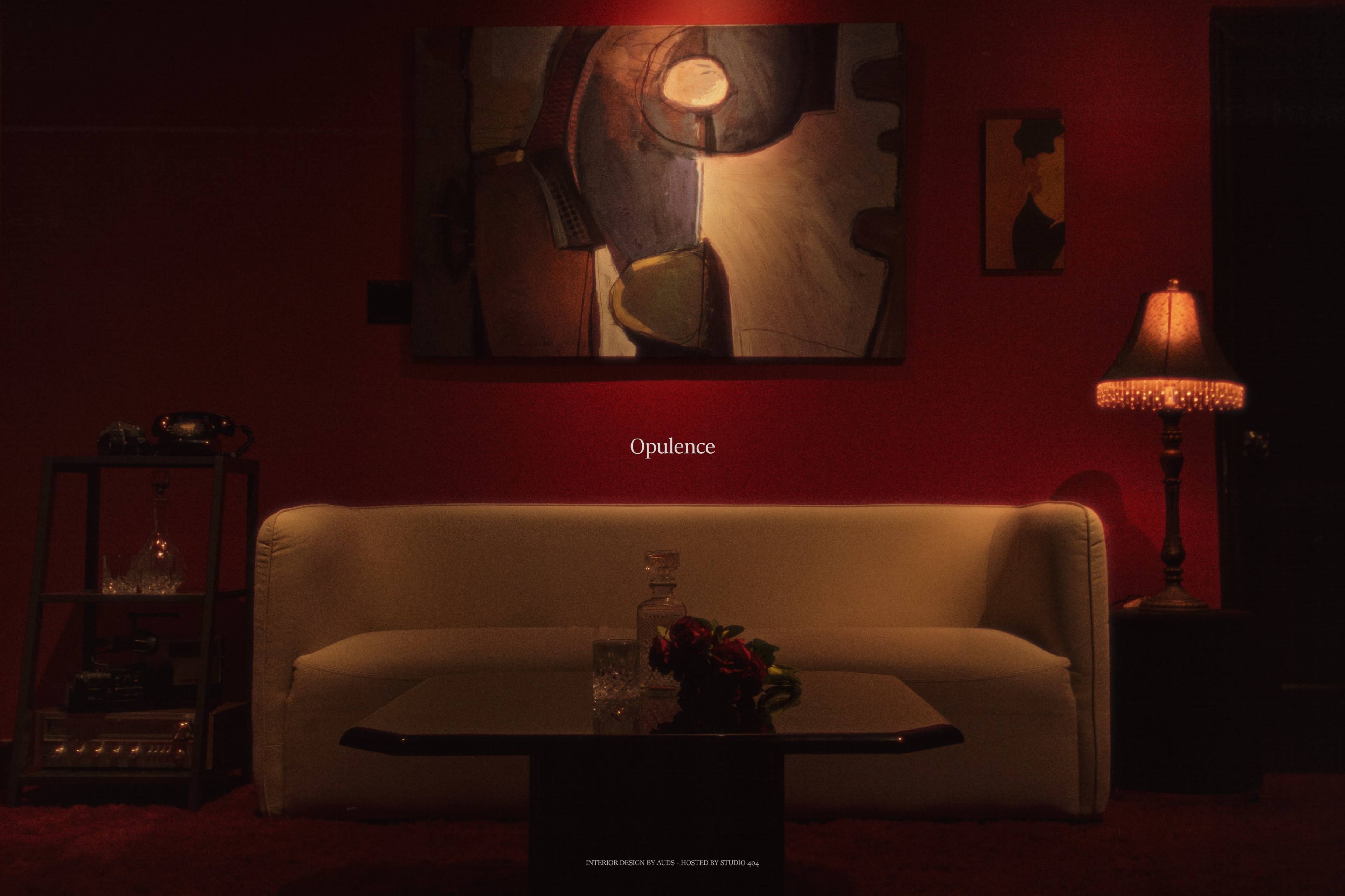 The image shows a dimly lit room with a white sofa, a black coffee table, a lamp, and a large abstract painting on a red wall.