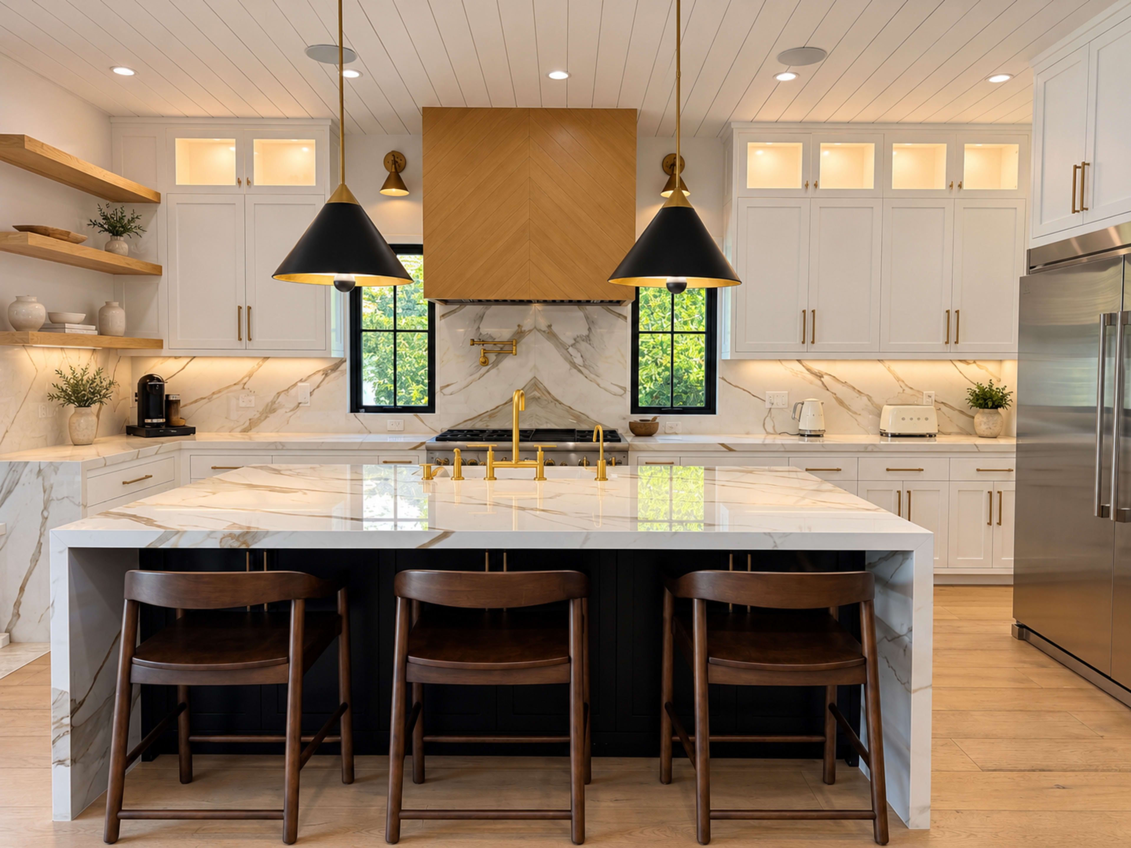 A modern kitchen features a large marble island with three wooden chairs, white cabinets, gold accents, and ample natural light.