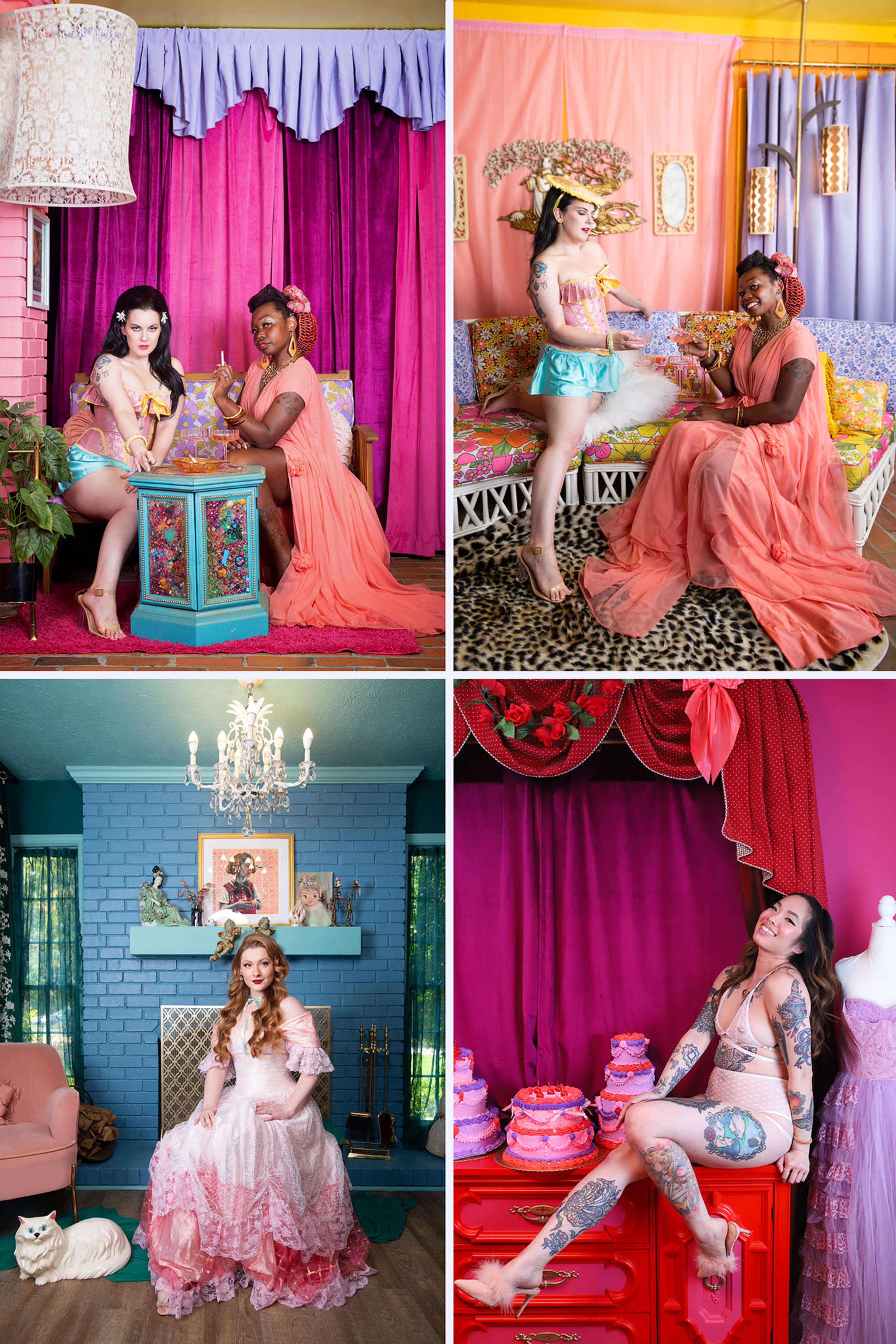 The image features four distinct scenes of women posing in colorful, elegantly decorated rooms with a mix of vintage and modern elements.