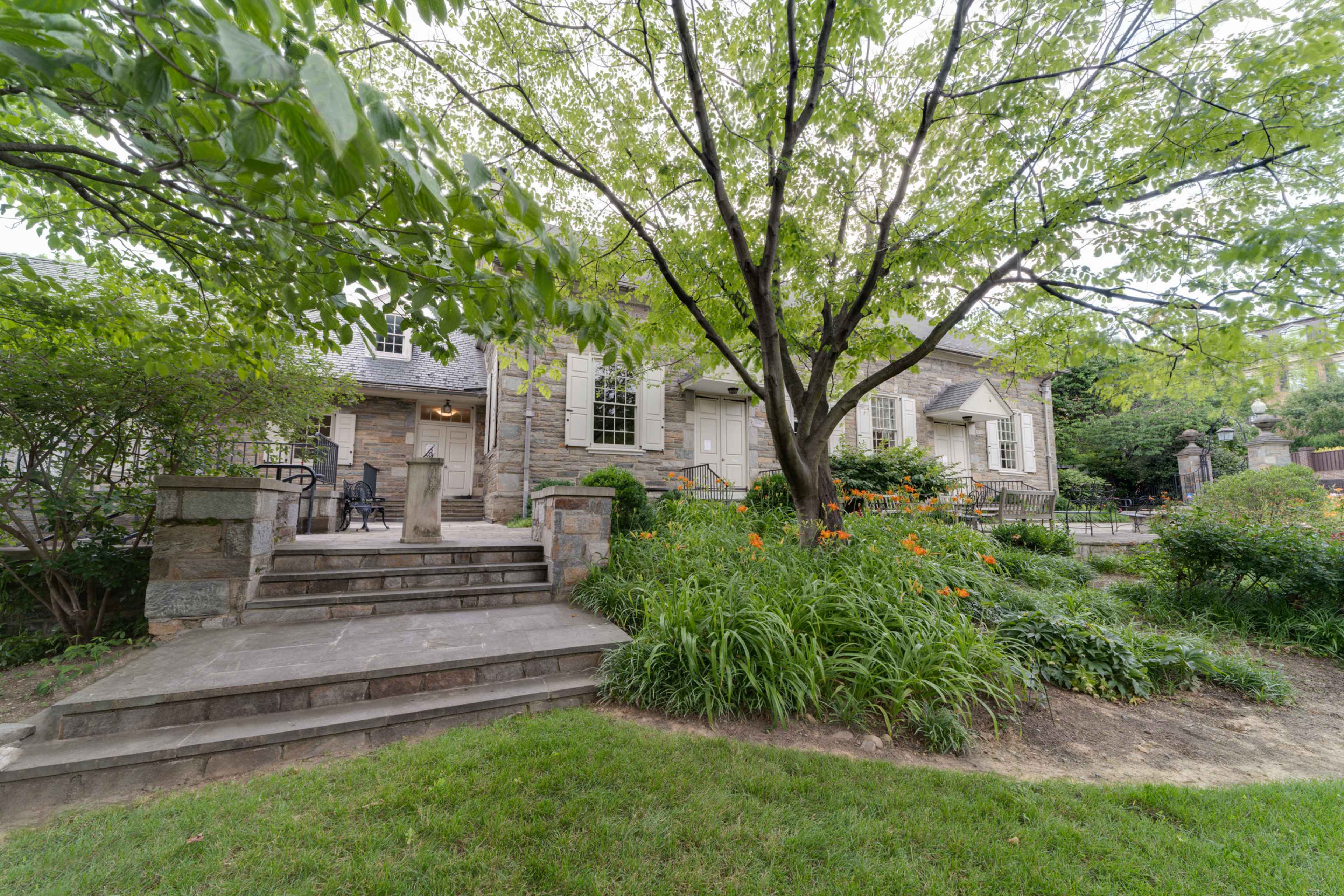 A stone house with a lush garden and a large tree is set on a sloped yard with stone steps leading to the entrance.