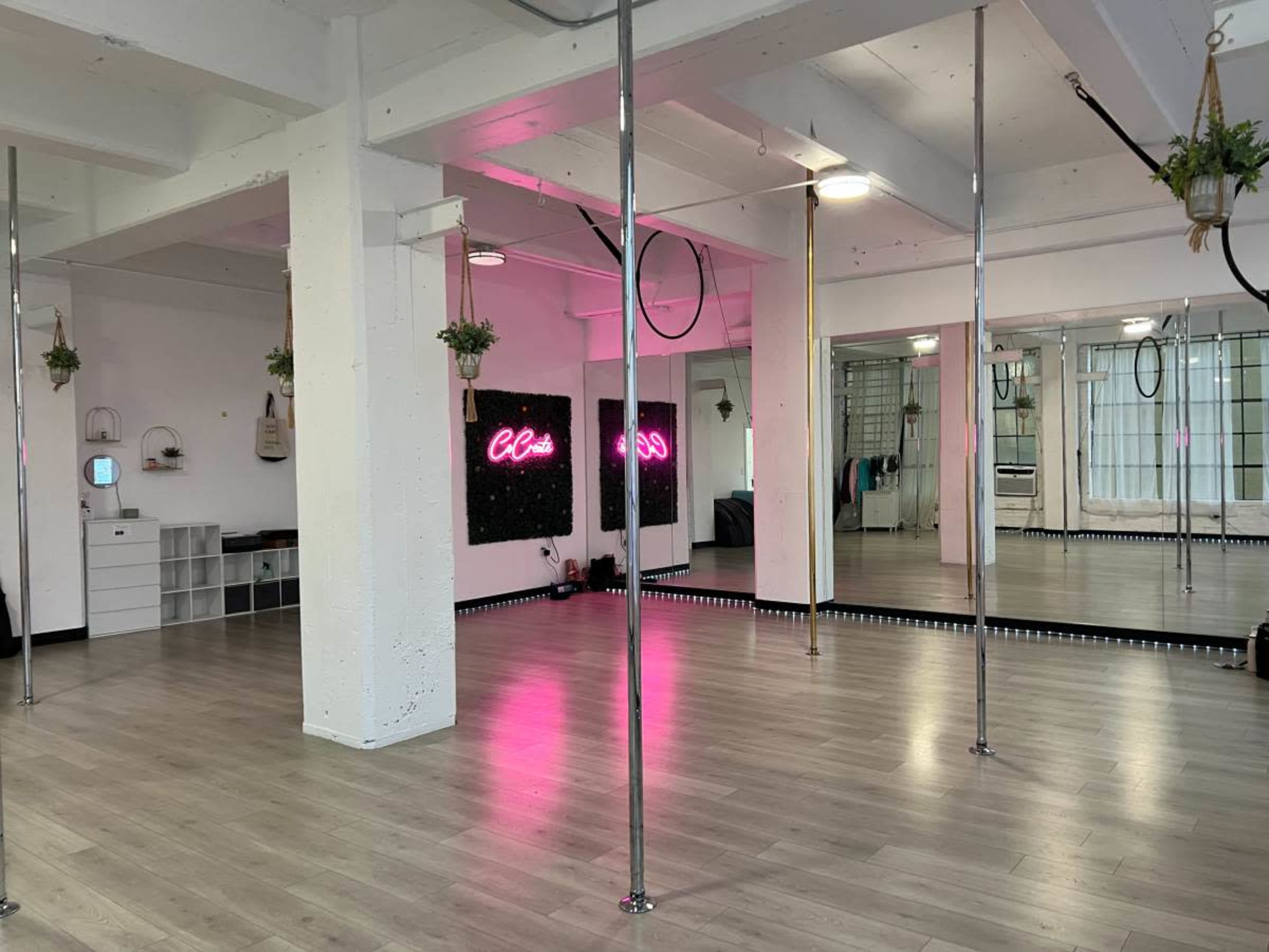 The image shows a spacious dance studio with polished wooden floors, several mirrors, and steel poles, illuminated by pink neon signage on the wall.