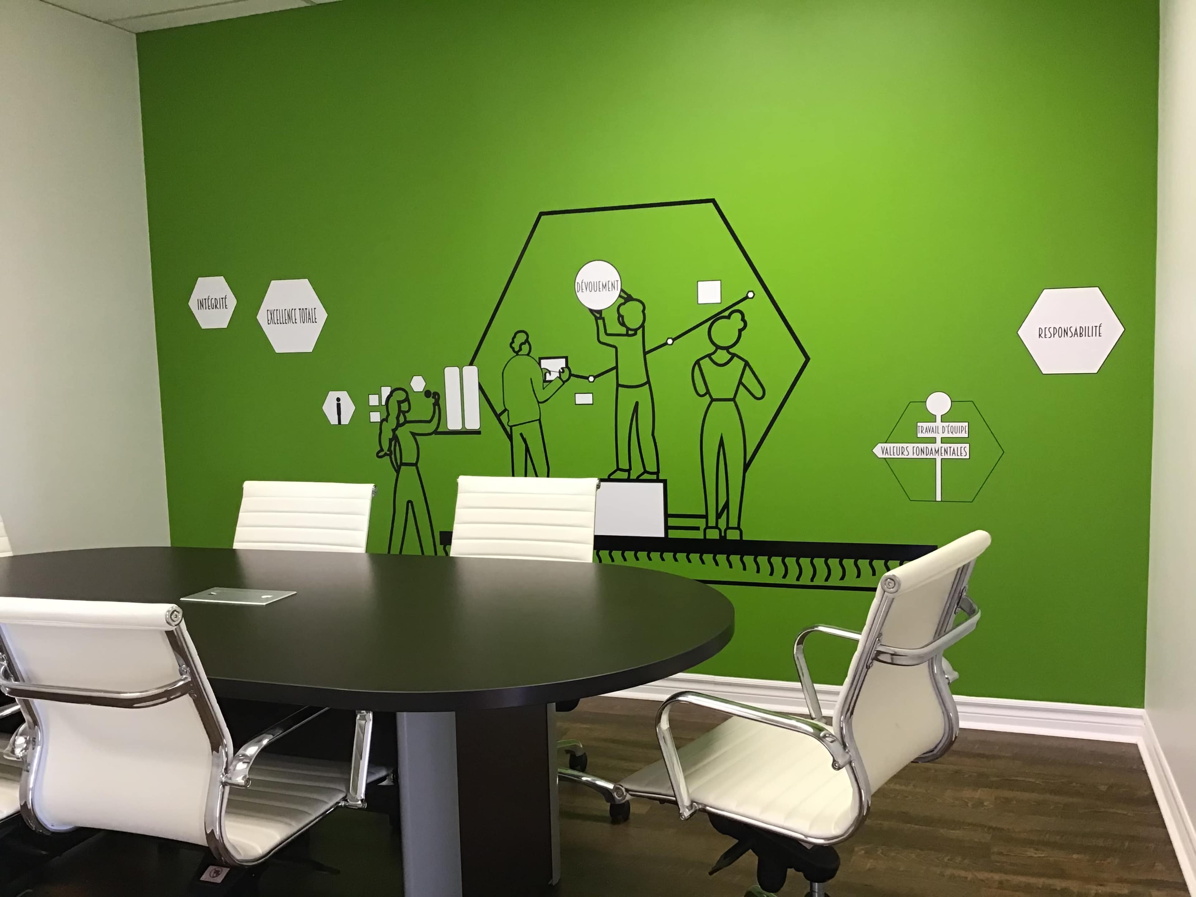 A modern conference room with a round table and white chairs, featuring a vibrant green wall adorned with illustrations of people working and hexagonal labels with words like "dynamic" and "responsible."