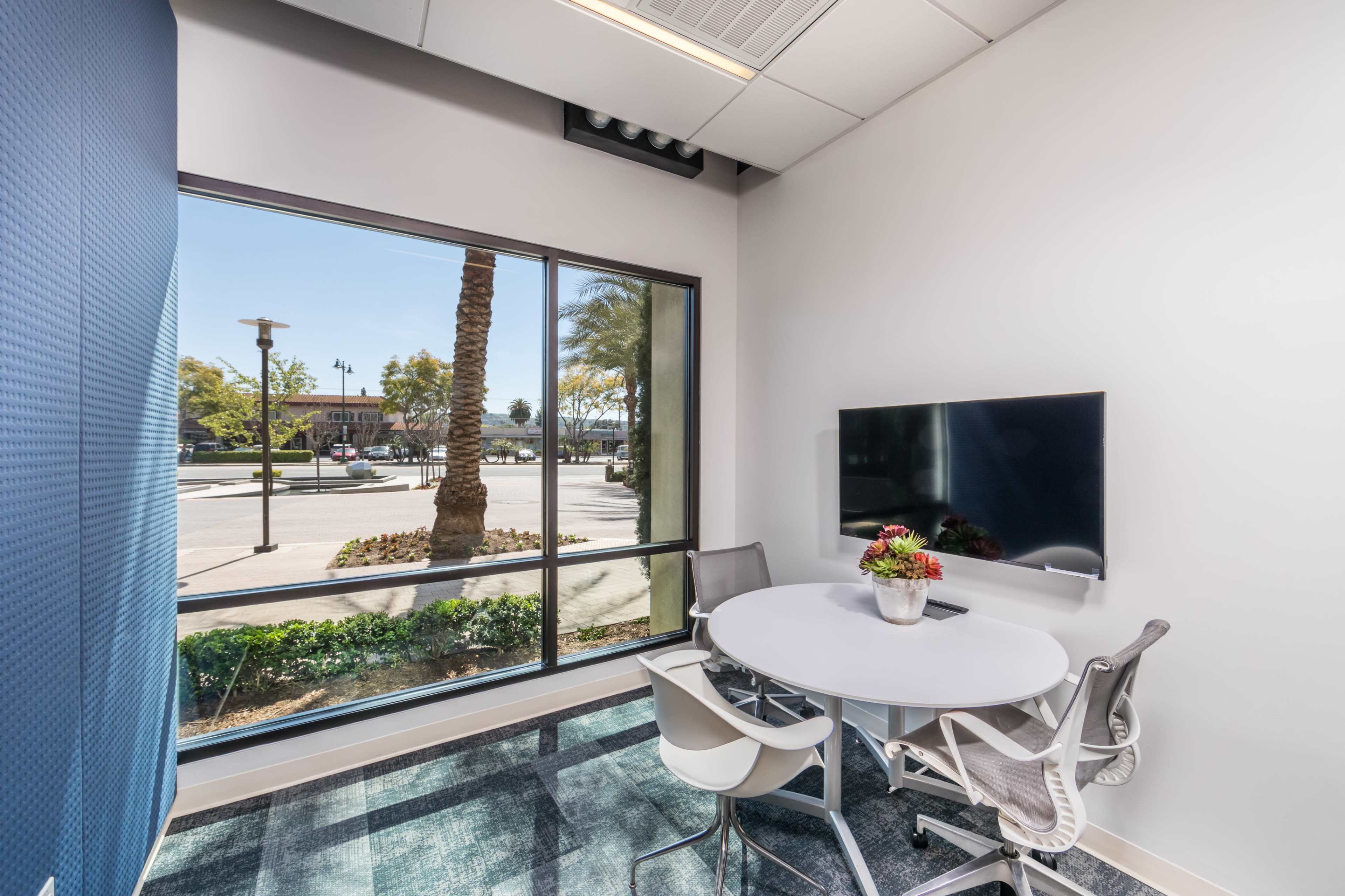A small meeting room features a round table with chairs and a wall-mounted TV, overlooking a landscaped outdoor area with palm trees.