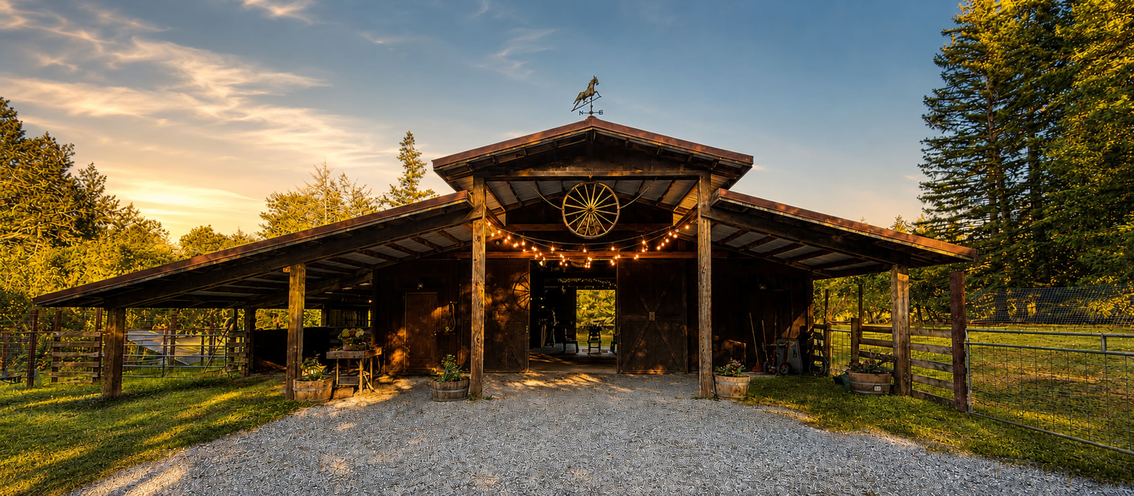 A rustic barn with a wheel decoratively positioned above its entrance is illuminated by string lights at sunset, surrounded by lush greenery.