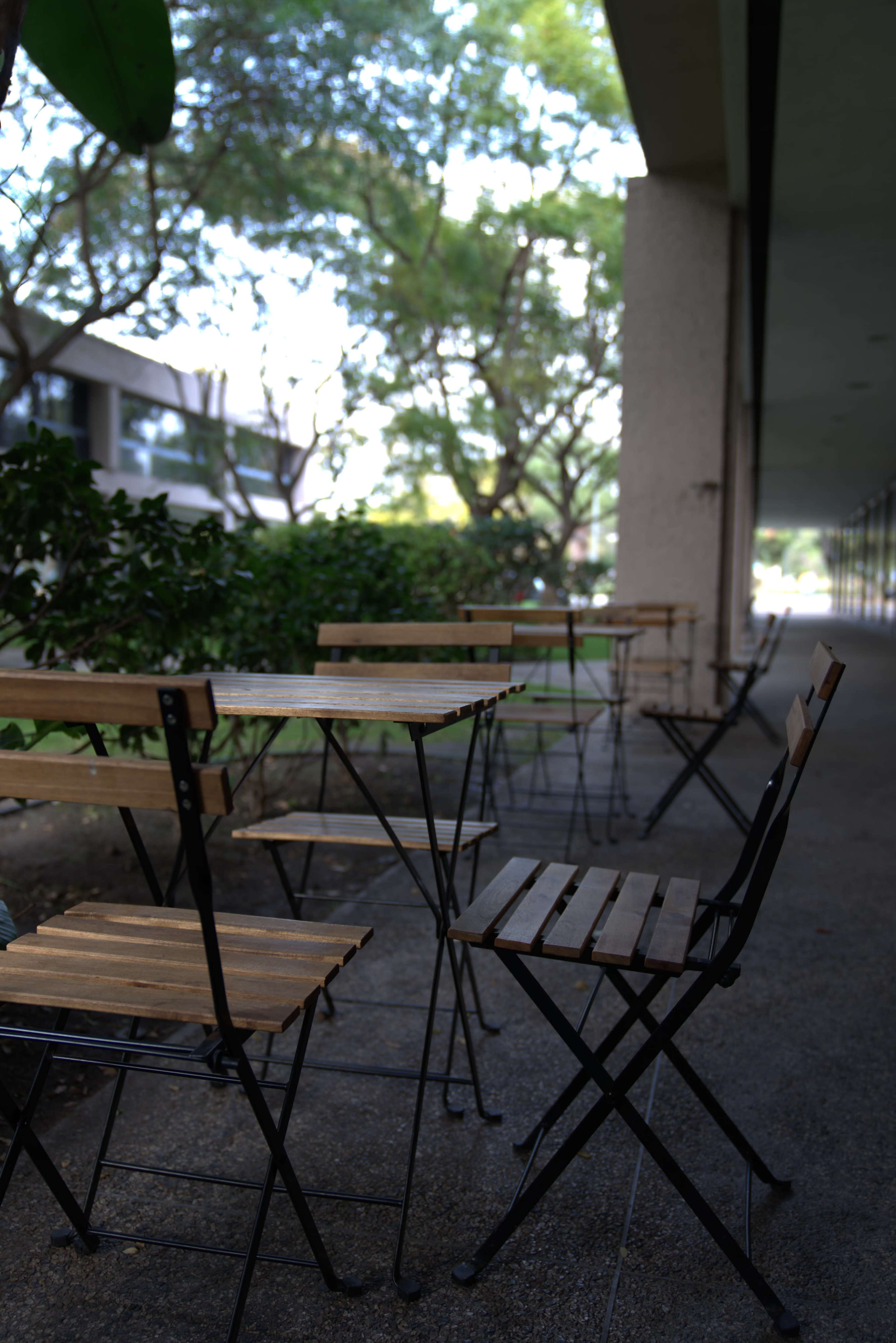 A row of empty outdoor tables and chairs lined up along a pathway in a shaded area.