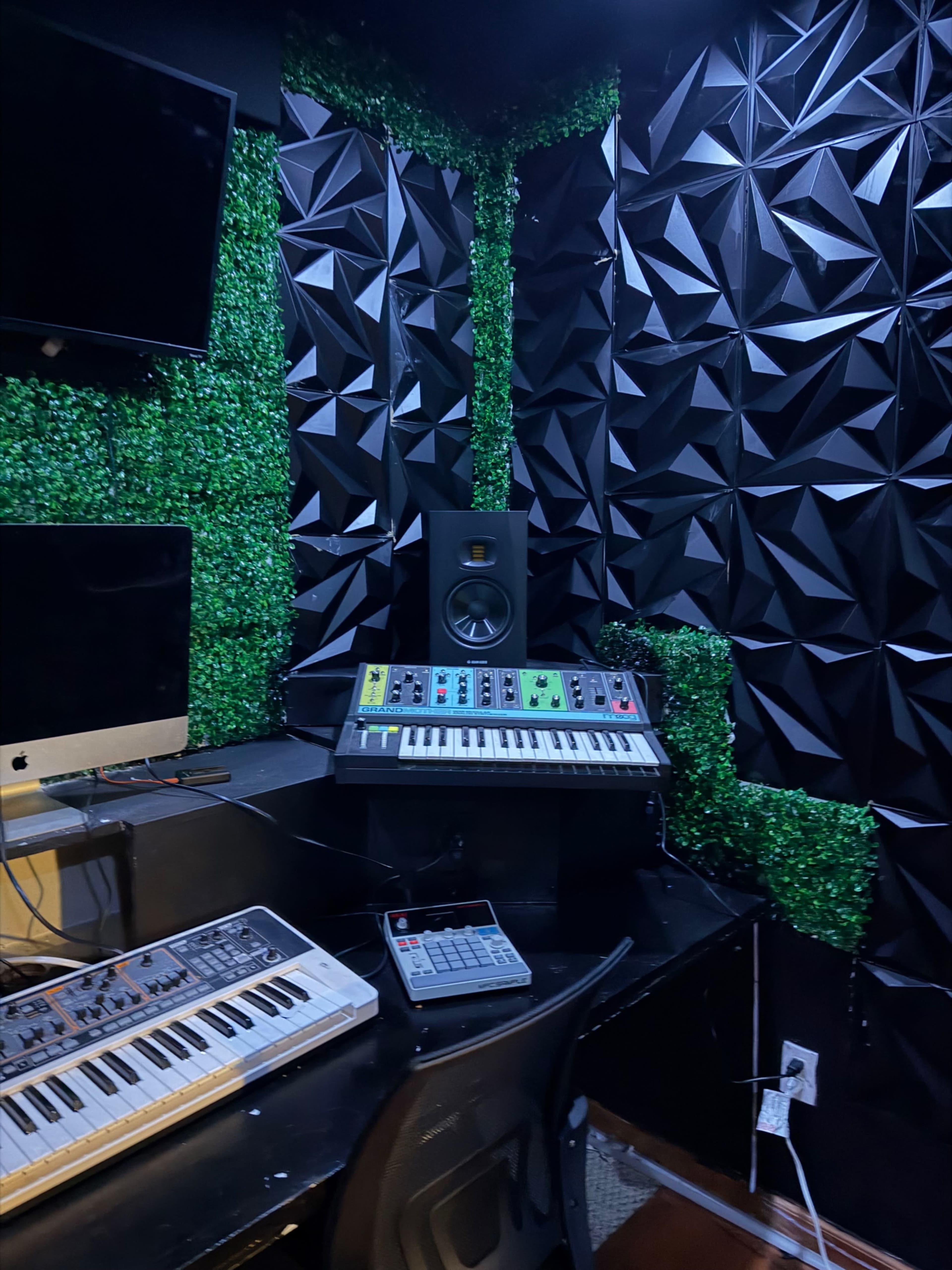 The image shows a music production setup featuring keyboards and a monitor in a room with textured black wall panels and artificial green foliage.
