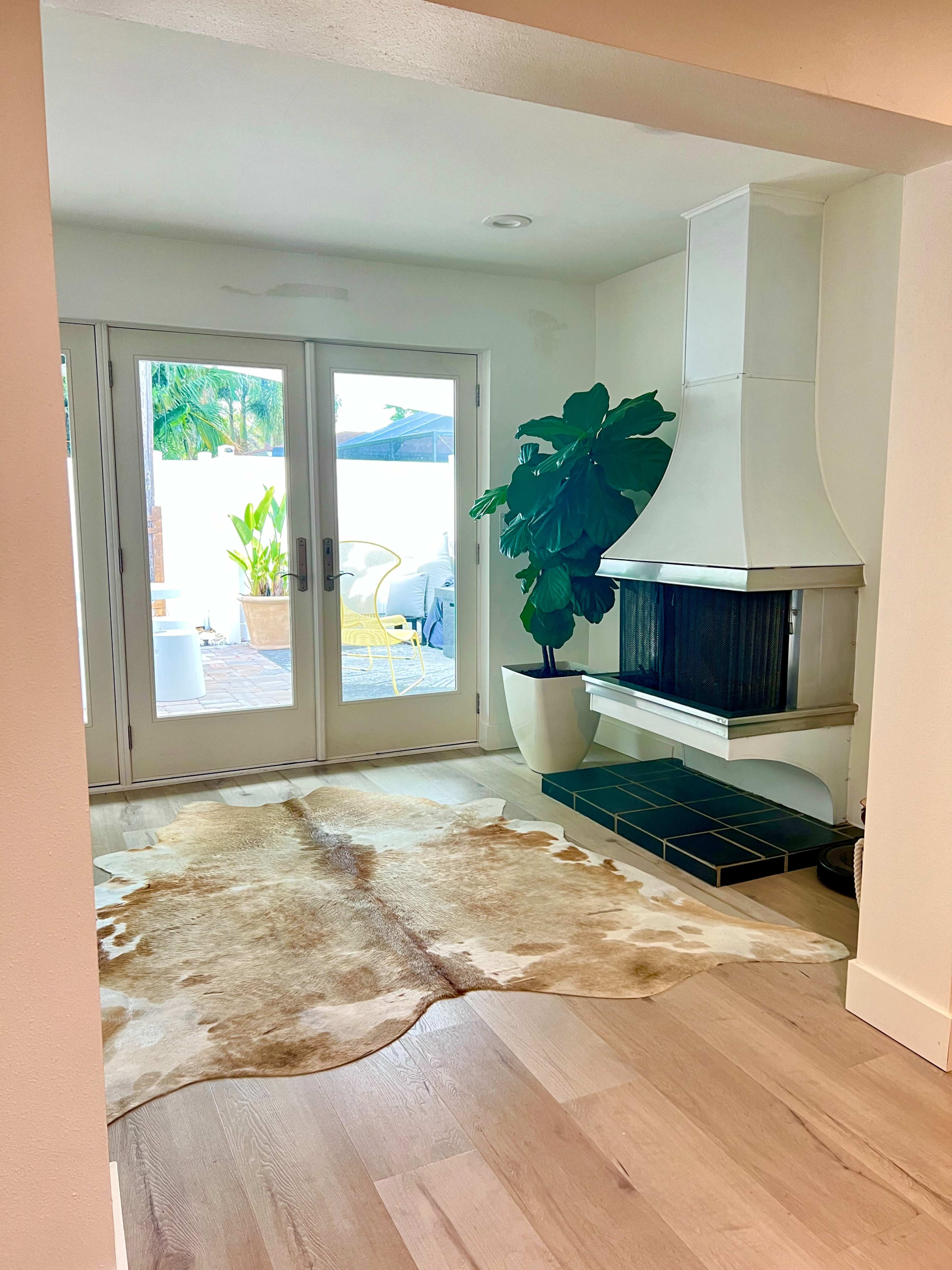 The scene shows a bright room featuring a cowhide rug, a large potted plant, and a modern fireplace with a white chimney, leading to sliding glass doors that open to an outdoor space.