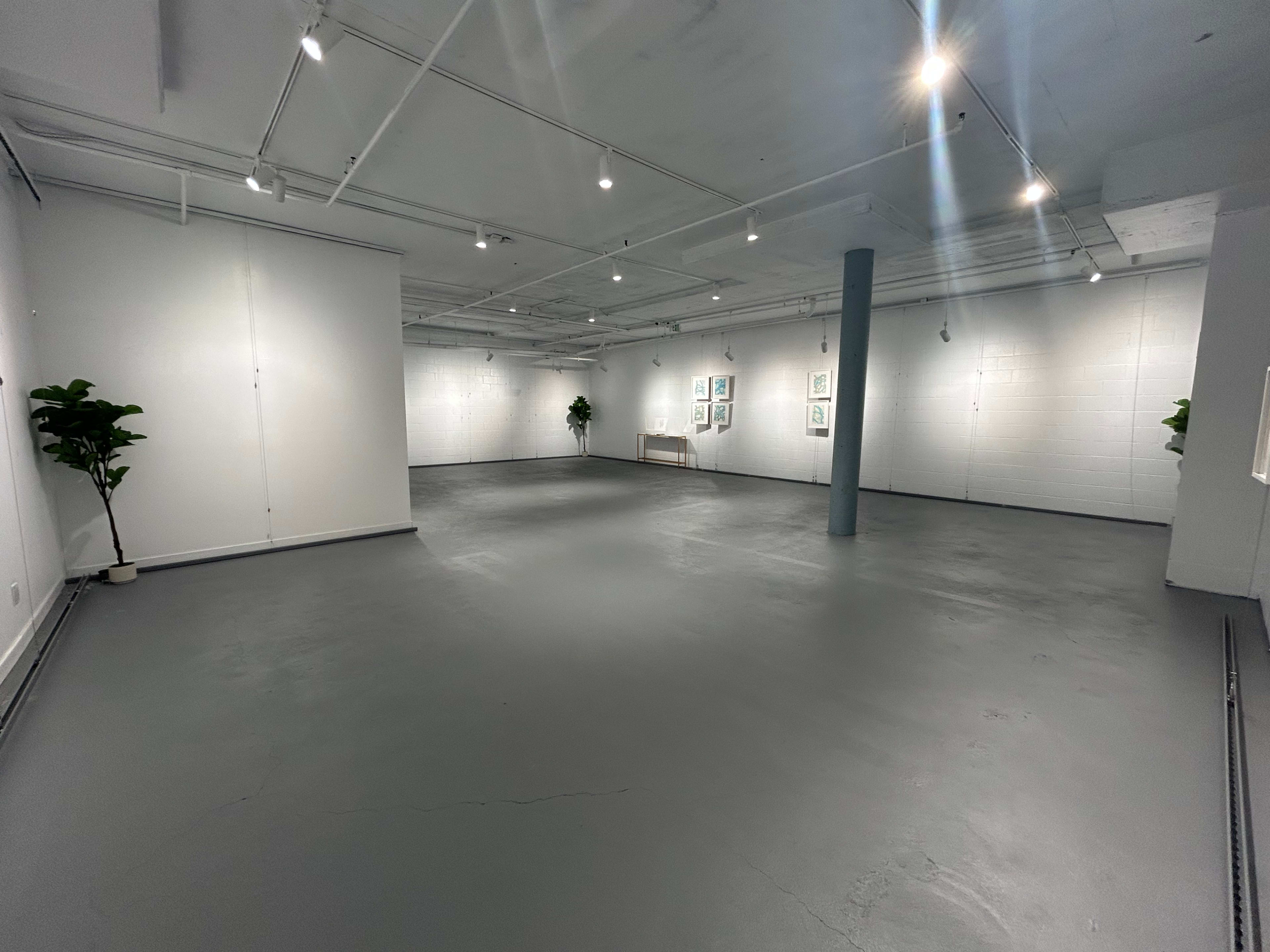 The image shows an empty art gallery space with gray flooring, white walls, and minimal decorative elements.