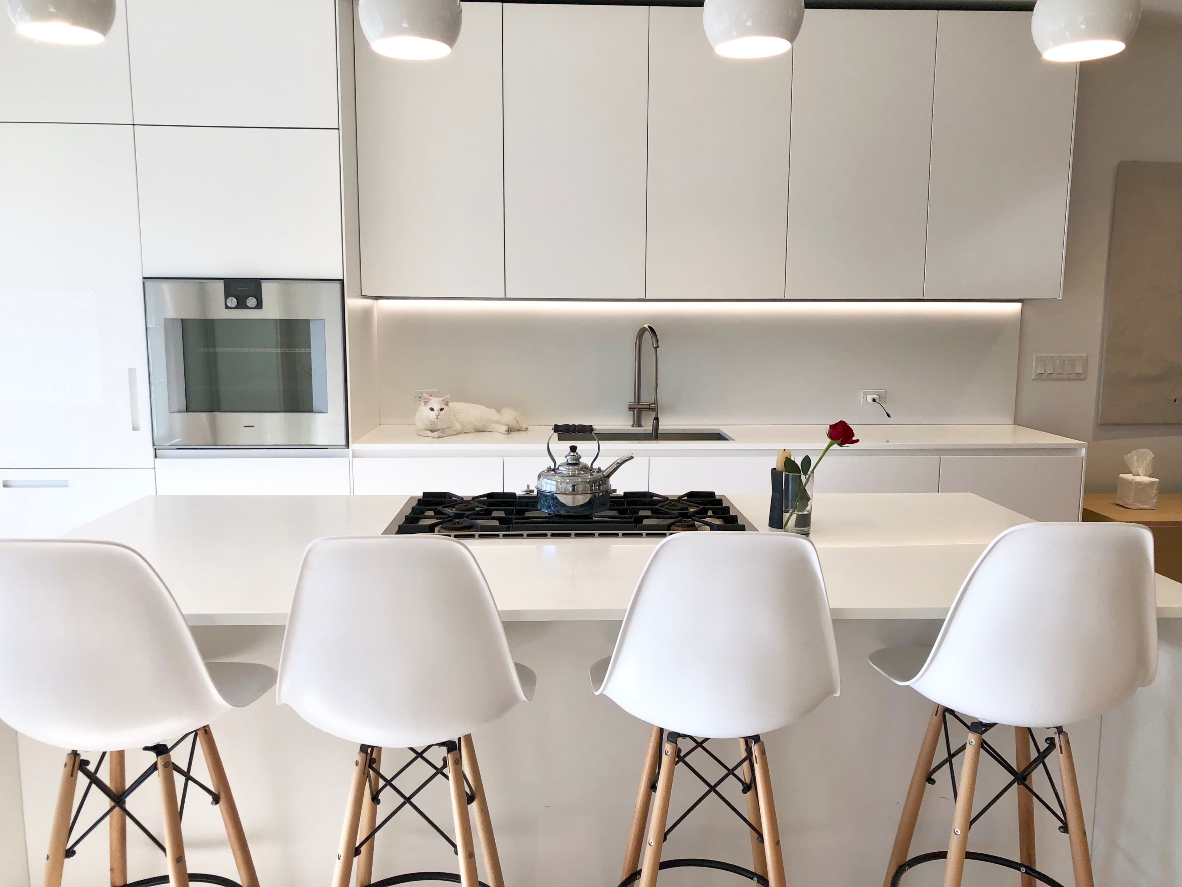 A modern kitchen features a central island with four white bar stools, a stove with a pot on it, and a white cat resting on the countertop.