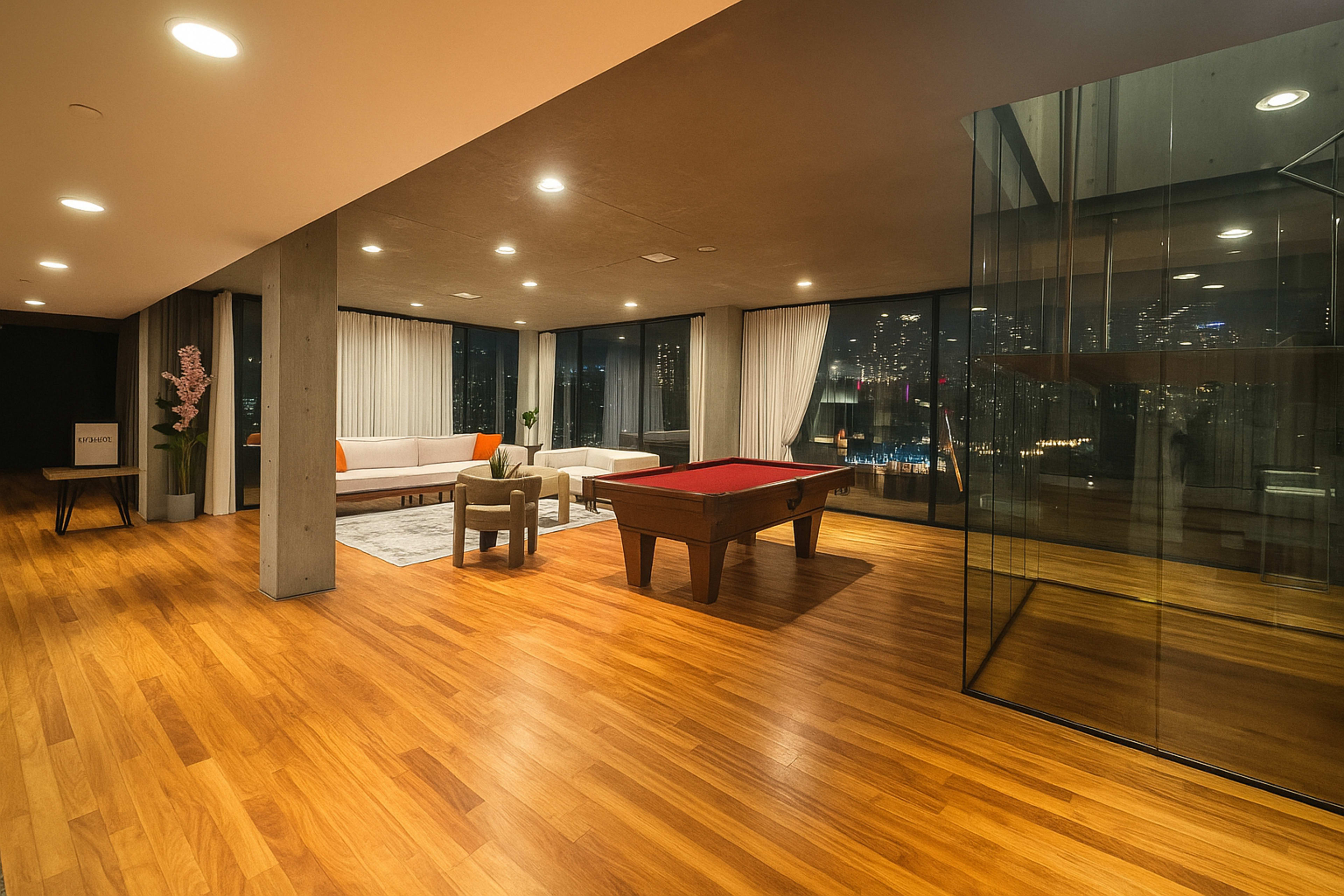 The image shows a modern interior lounge area featuring a pool table, a seating arrangement, and large windows with city views.