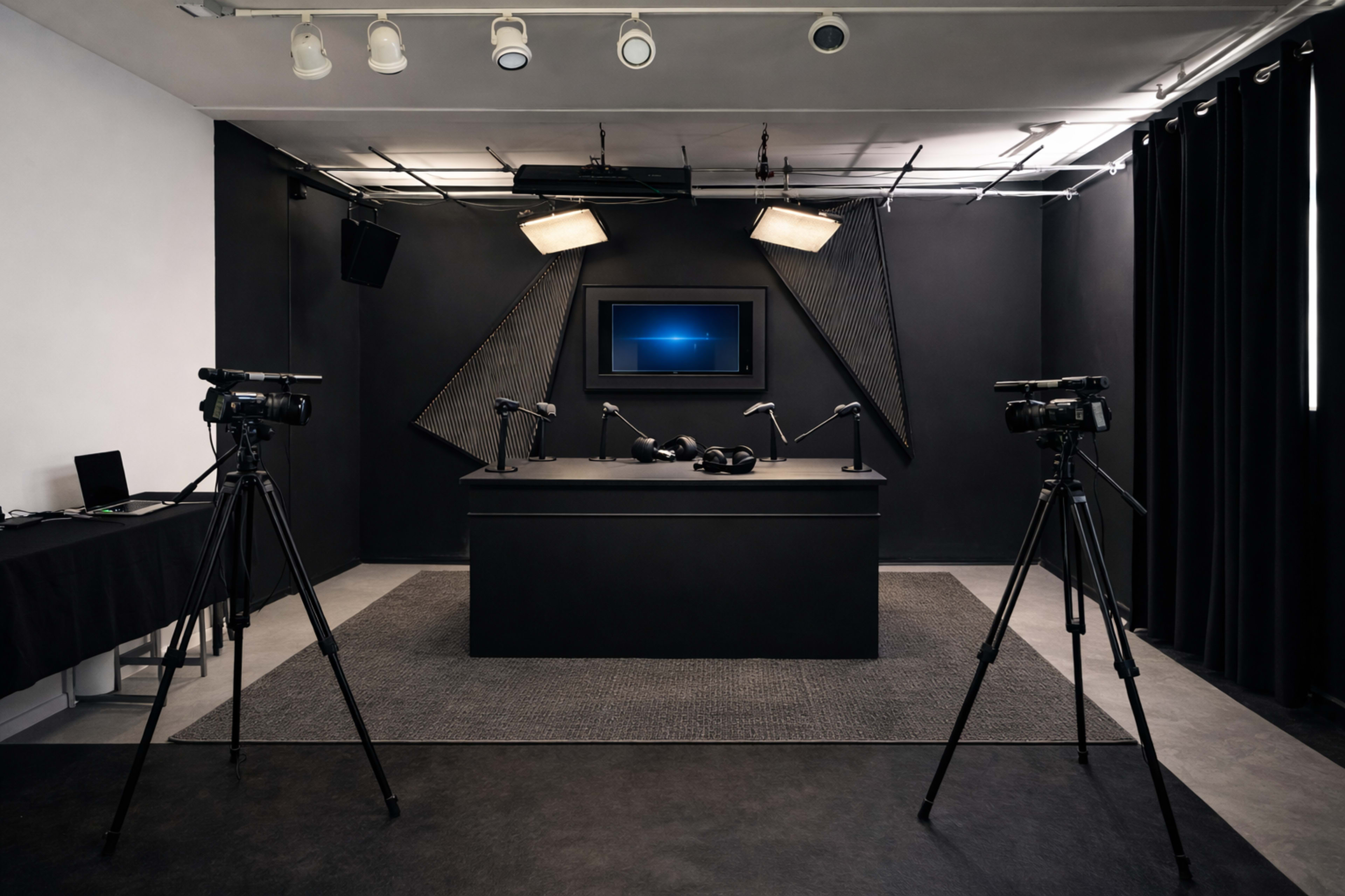 The image shows a dark studio setup with two video cameras on tripods facing a central desk equipped with audio gear and a monitor in the background.