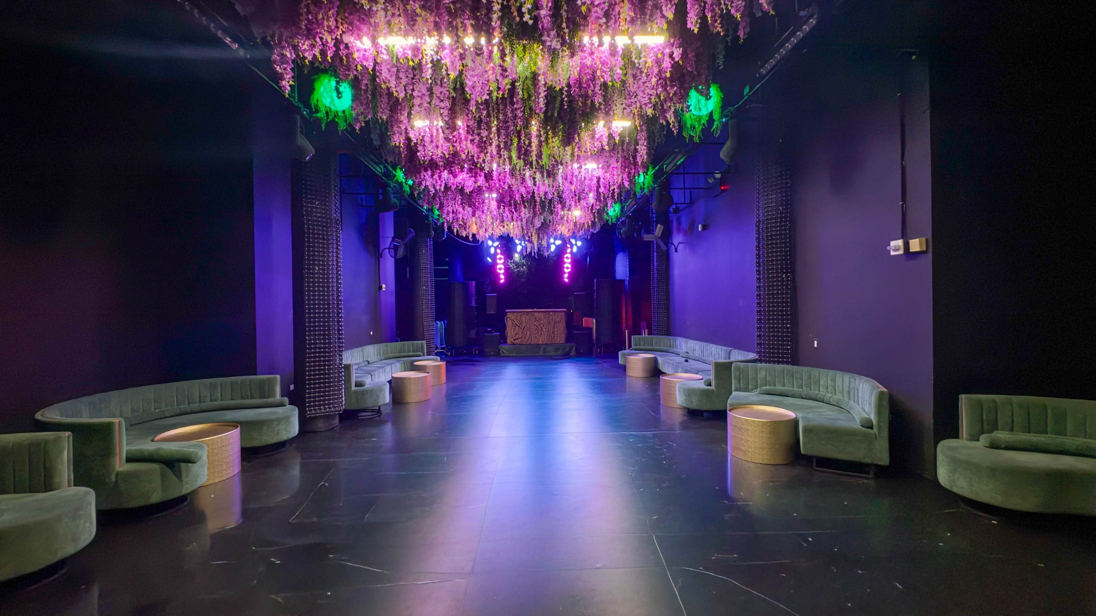 The image shows a dimly lit event space with curved green seating and purple floral decorations hanging from the ceiling, illuminated by colorful stage lights.