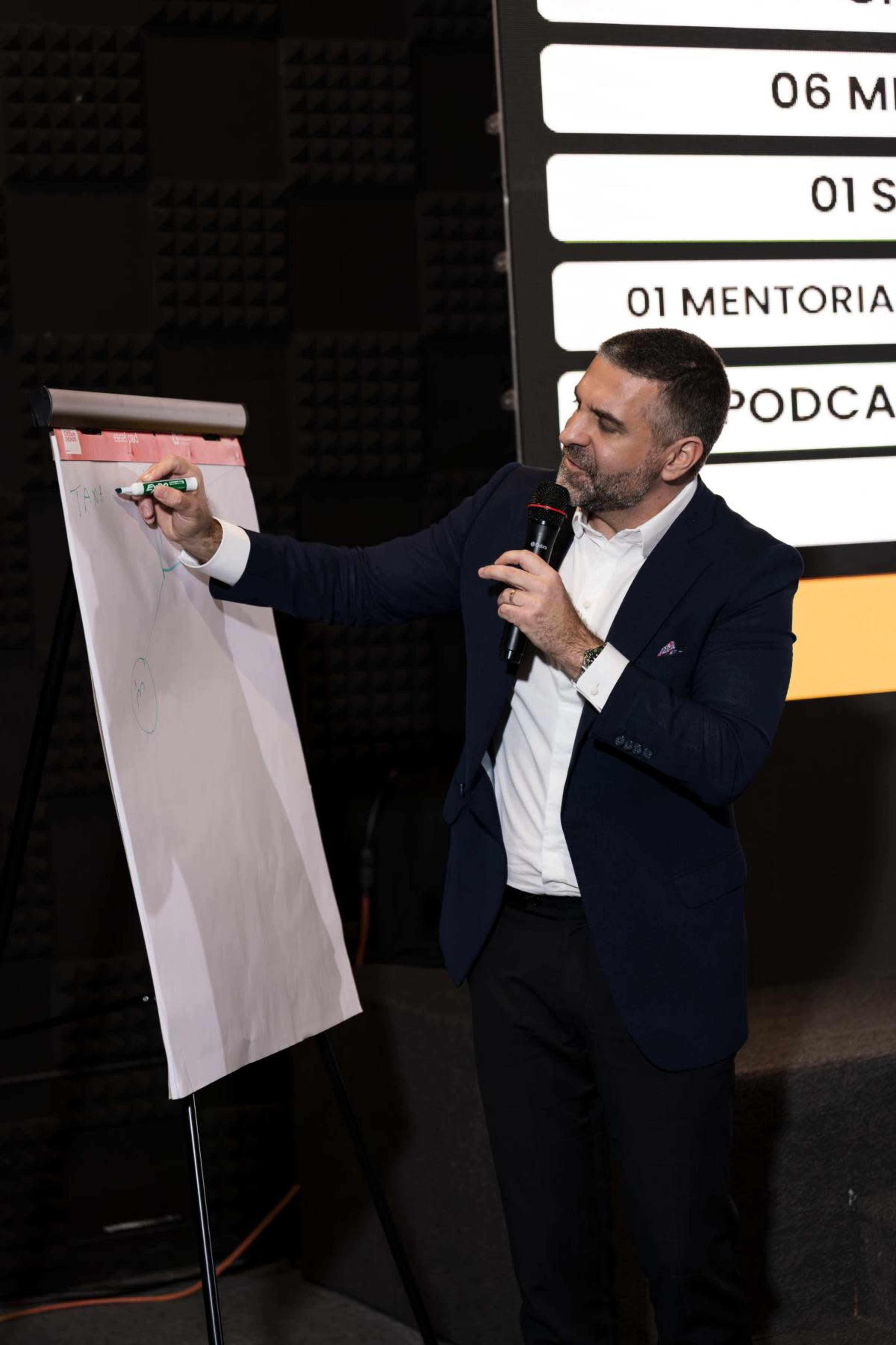A man in a suit is drawing on a flip chart while holding a microphone at an event.